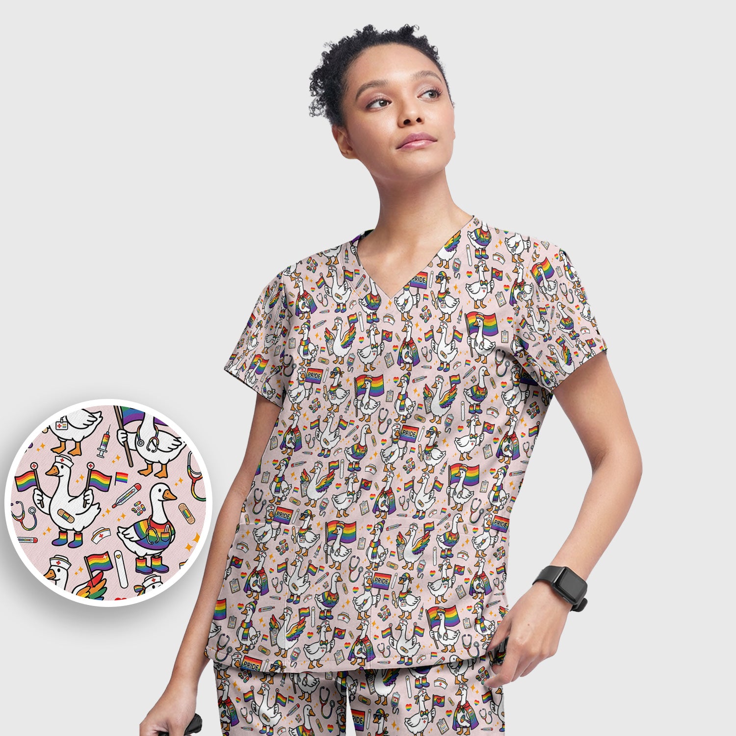 LGBT Pride Nurse Duck Pattern Scrub Set, Breathable Med Uniform