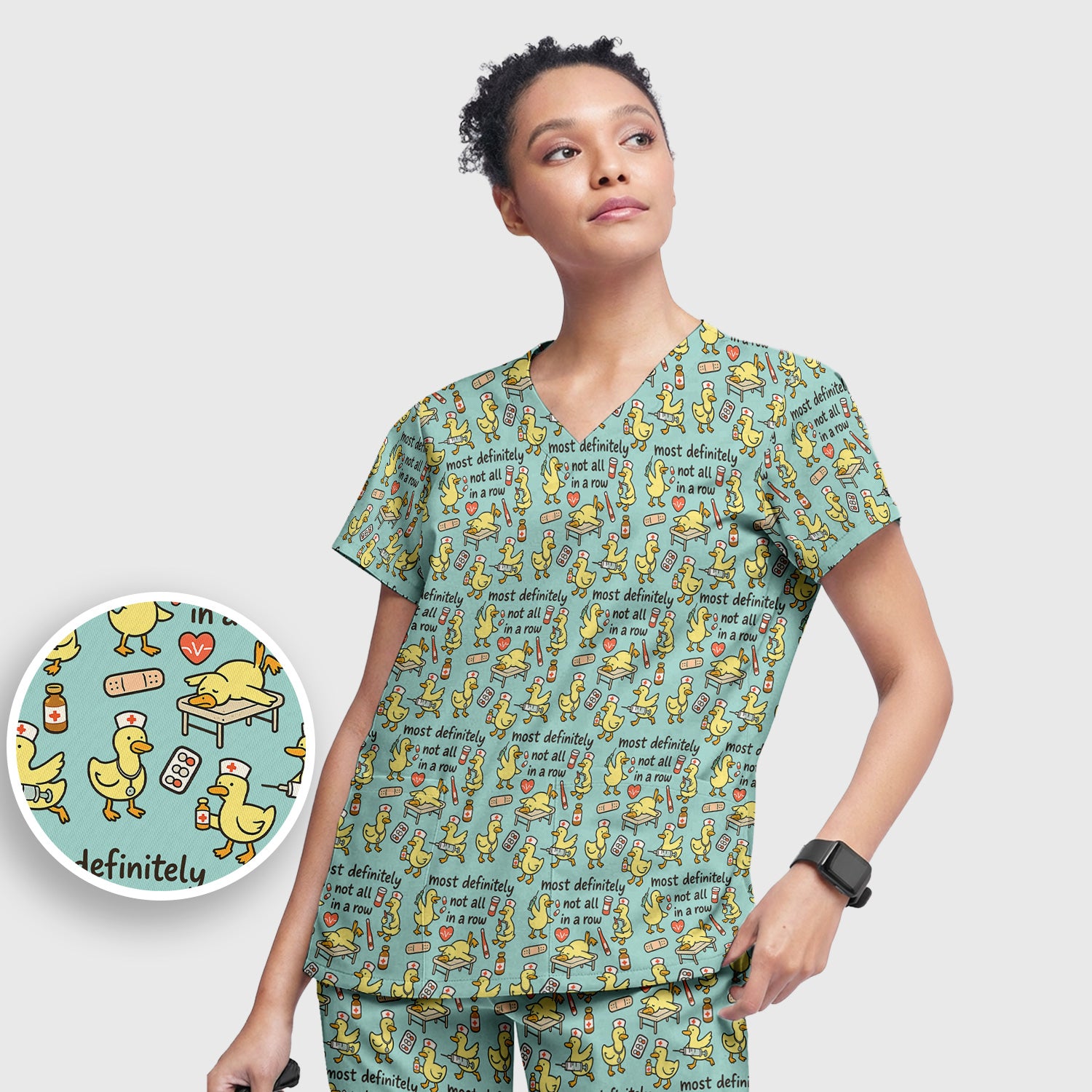 Funny Nurse Duck Medical Humor Pattern Scrub Set, Scrub Pants and V Neck Top