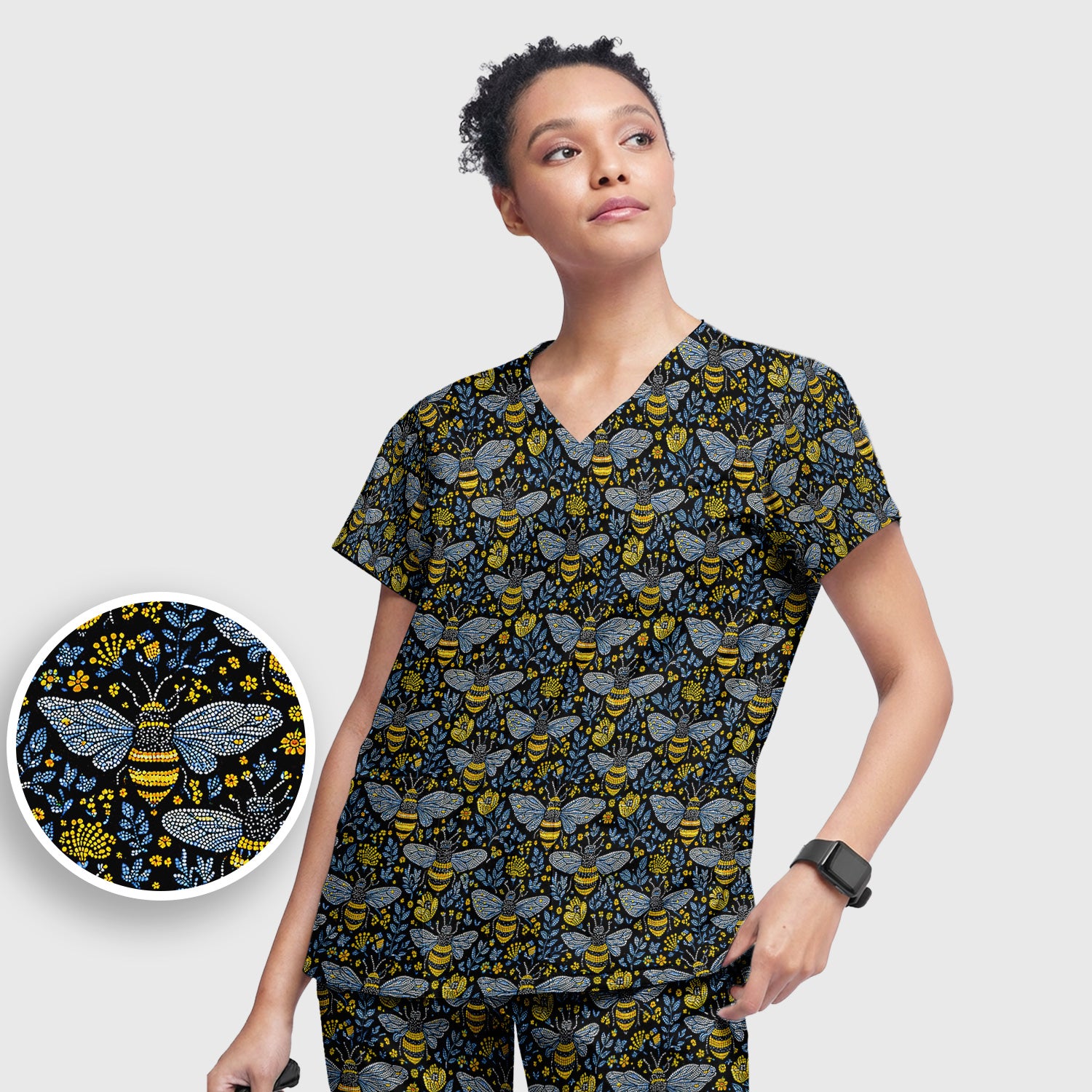 Honey Bee And Wildflower Garden Pattern Scrub Set, Scrub Pants and V Neck Top