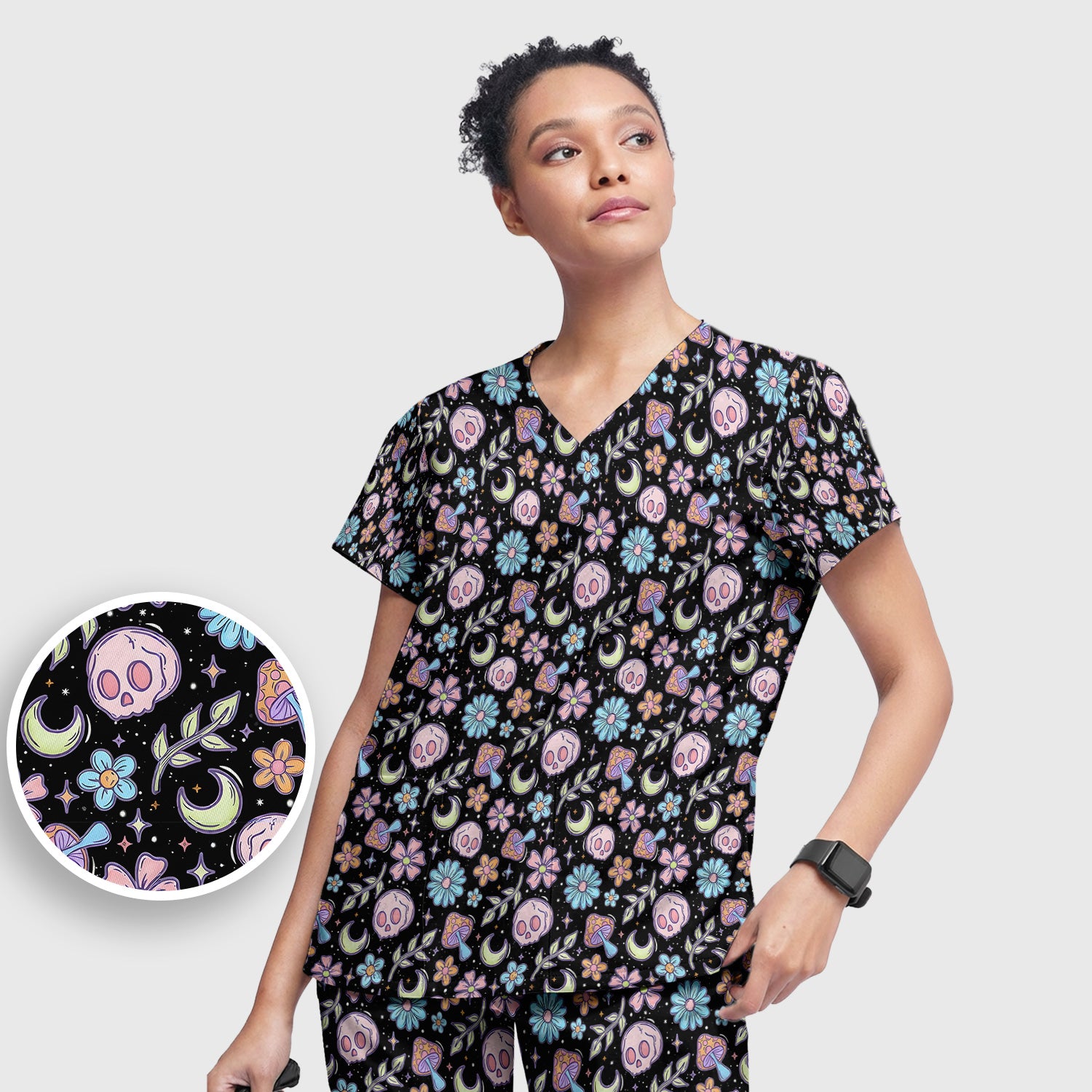 Neon Skull Mushroom Floral Scrub Set, Colorful Gothic Scrub Pants and V Neck Top
