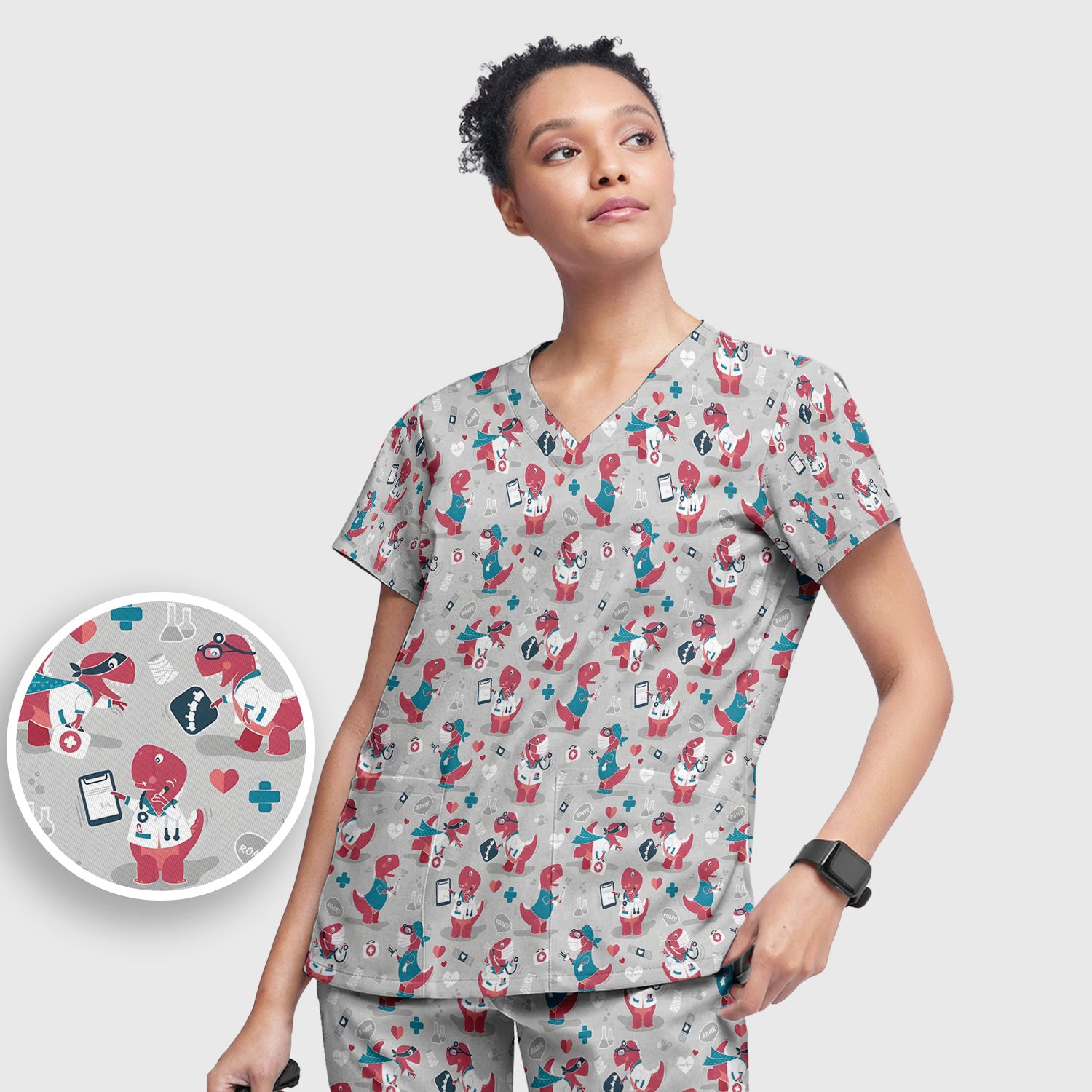 Cute Dinosaur Doctor Medical Pattern Scrub Top, Breathable Fabrics Nursing Uniform