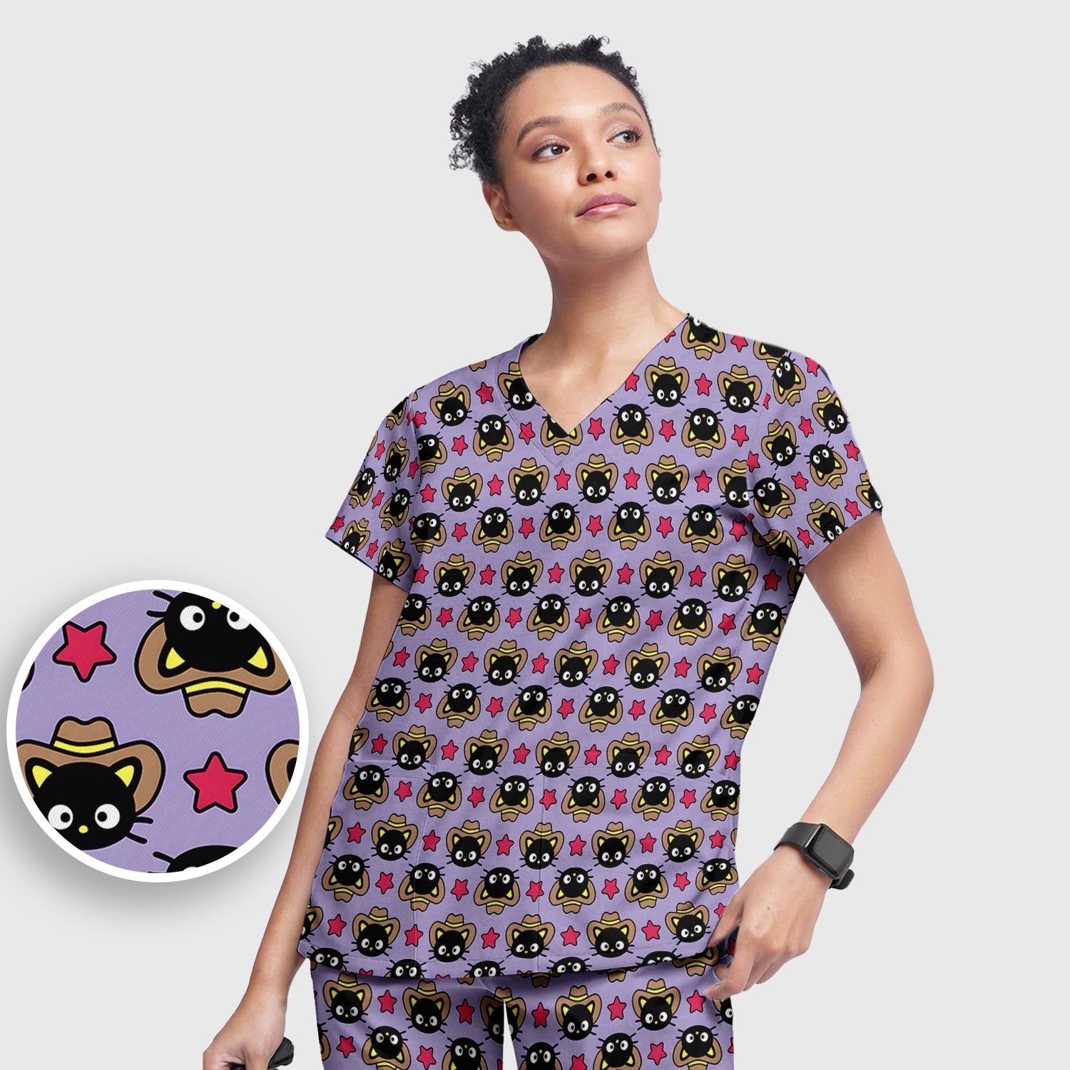Cute Cartoon Cowboy Cat Pattern Scrub Set, Scrub Pants and V Neck Top