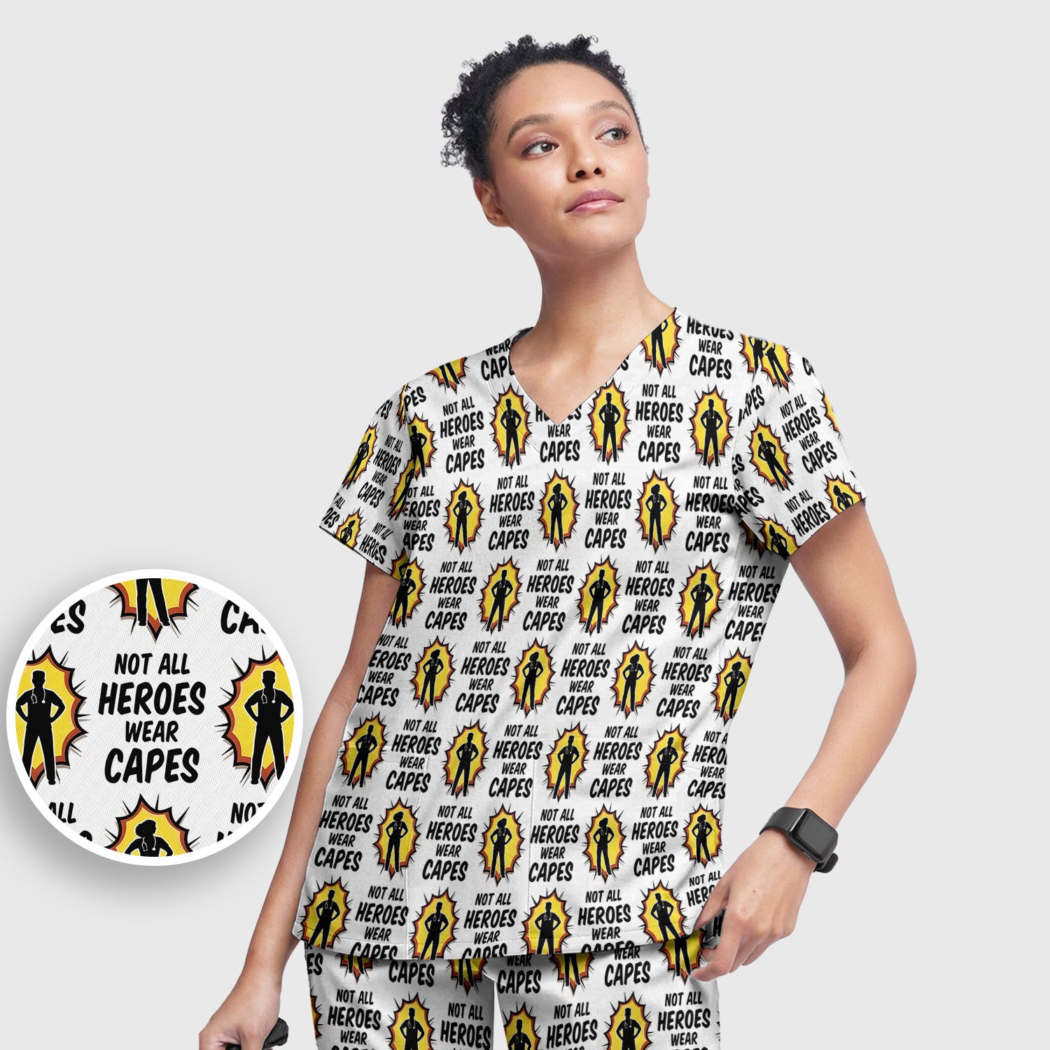 Not All Heroes Wear Capes Nurse Pattern Scrub Set, Scrub Pants and V Neck Top