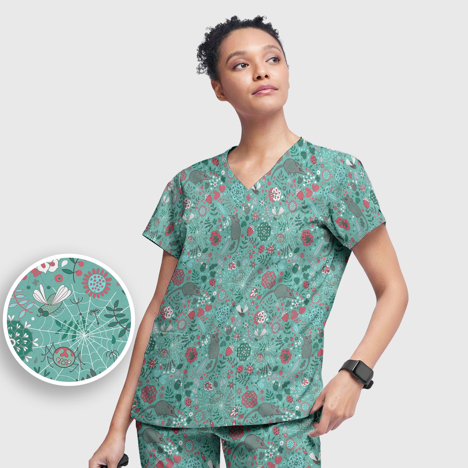 Woodland Mouse Floral Pattern Scrub Set, Breathable Med Uniform