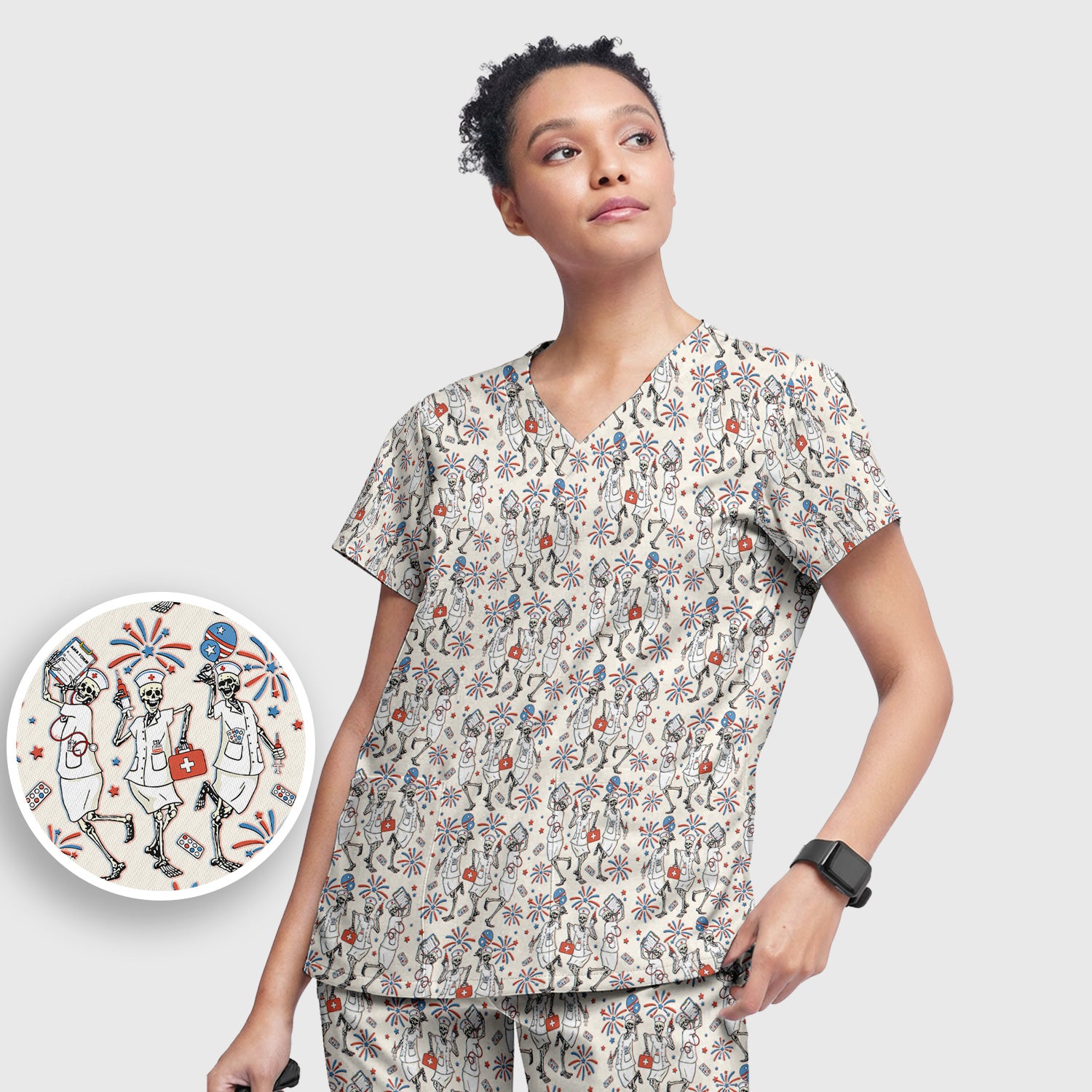 Funny Skeleton Nurse Patriotic Print Scrub Set, Scrub Pants and V Neck Top