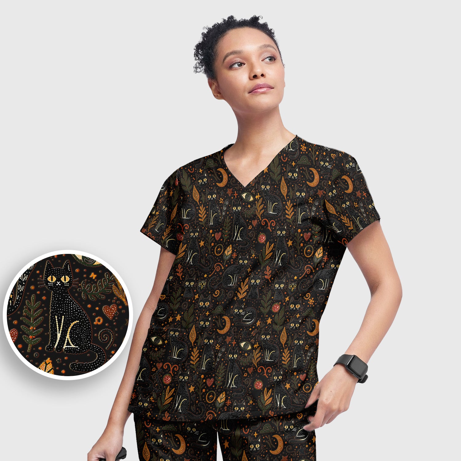 Mystic Black Cat Celestial Doodle Pattern Scrub Set, Scrub Pants and V Neck Top