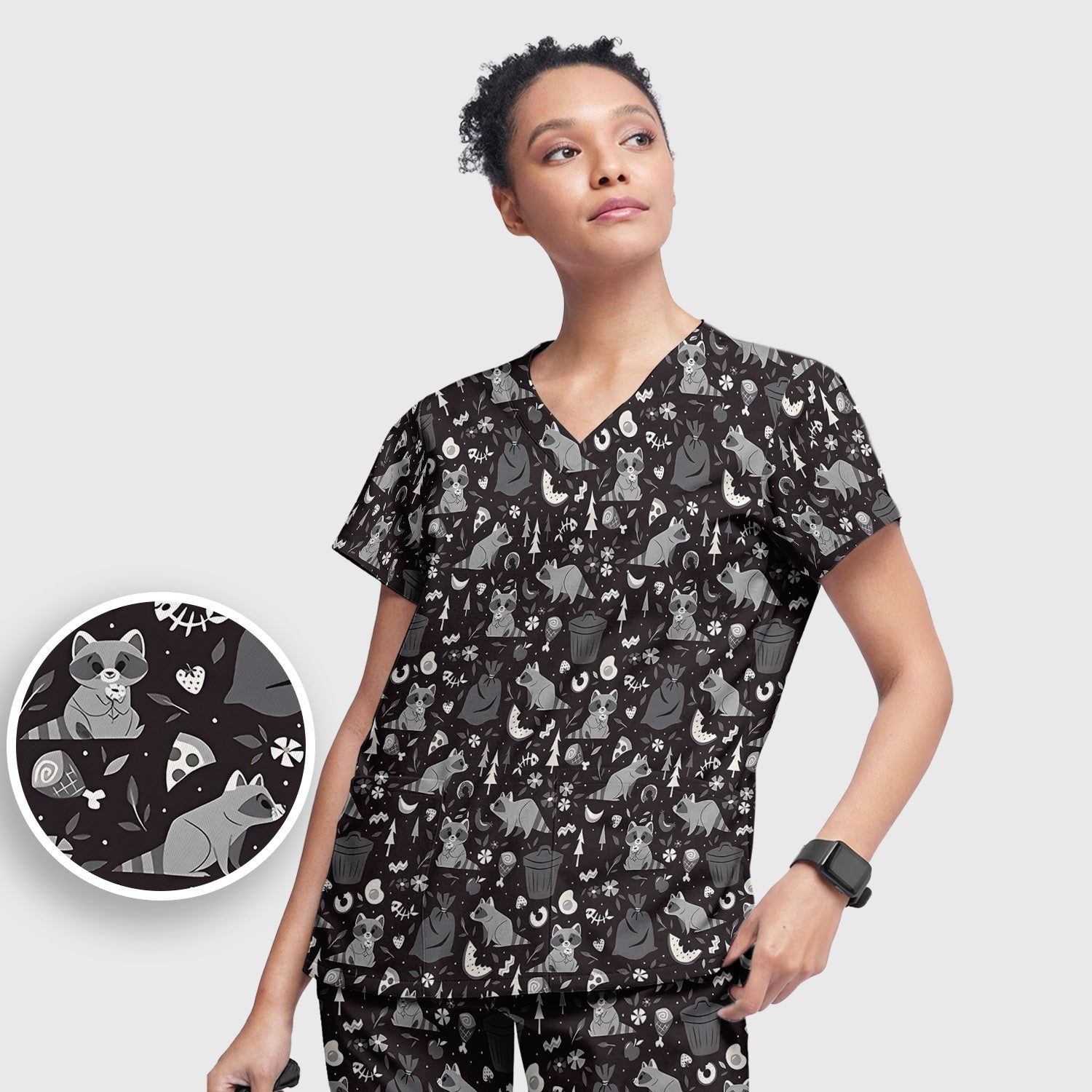 Cute Raccoon Forest Food Pattern Scrub Set, Scrub Pants and V Neck Top