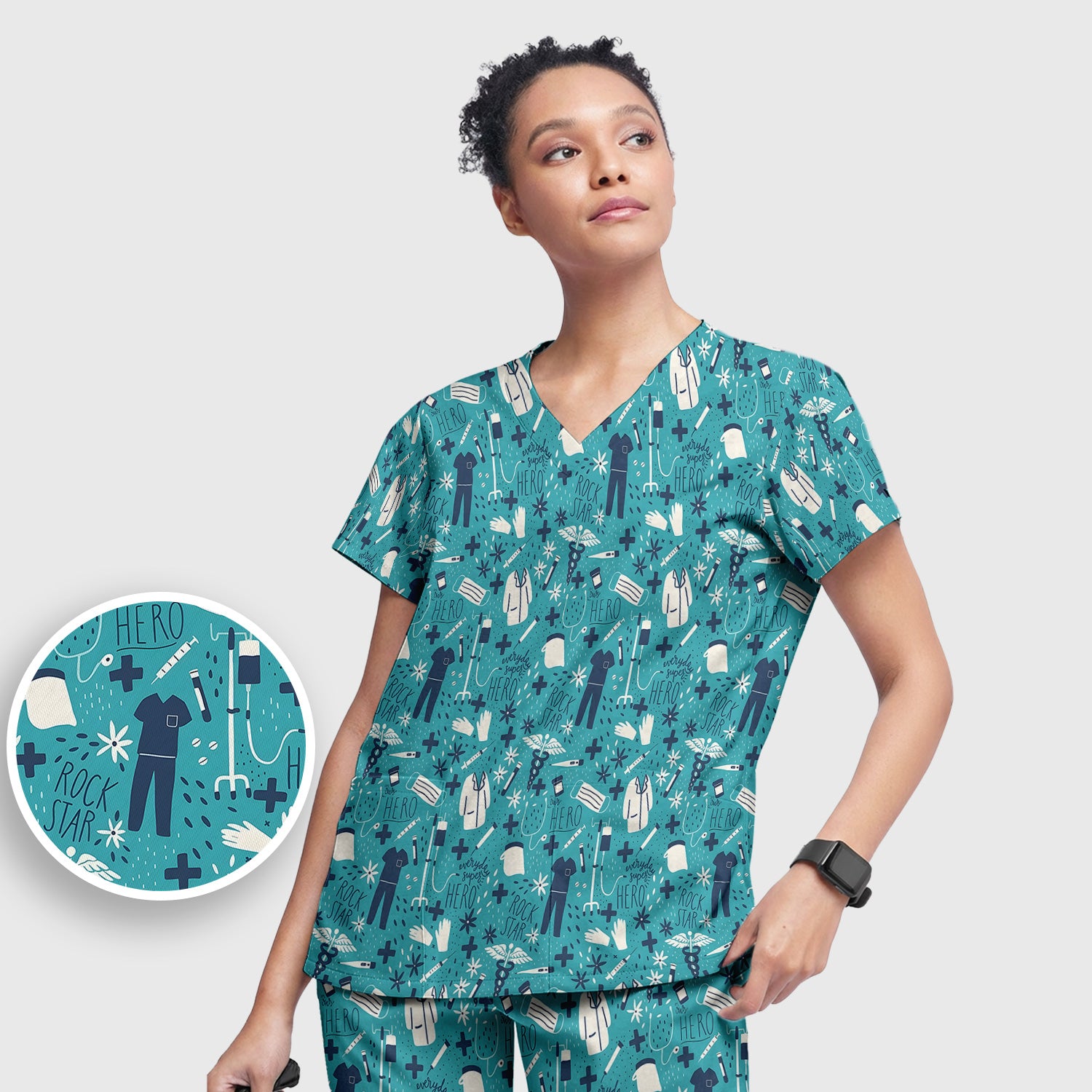 Inspirational Healthcare Hero Medical Tools Nurse Pattern Scrub Set, Scrub Pants and V Neck Top