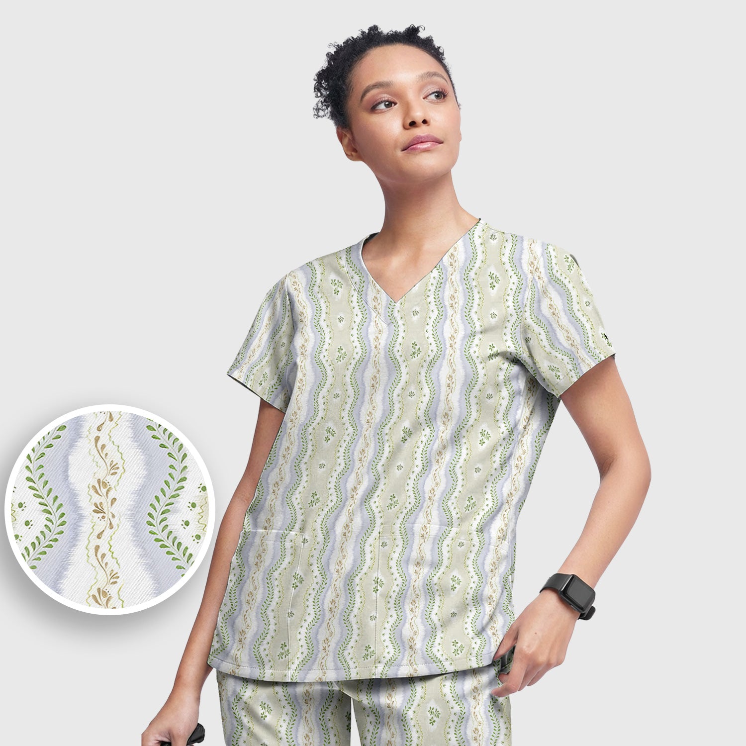 Wavy Stripe Botanical Pattern Scrub Set, Scrub Pants and V Neck Top
