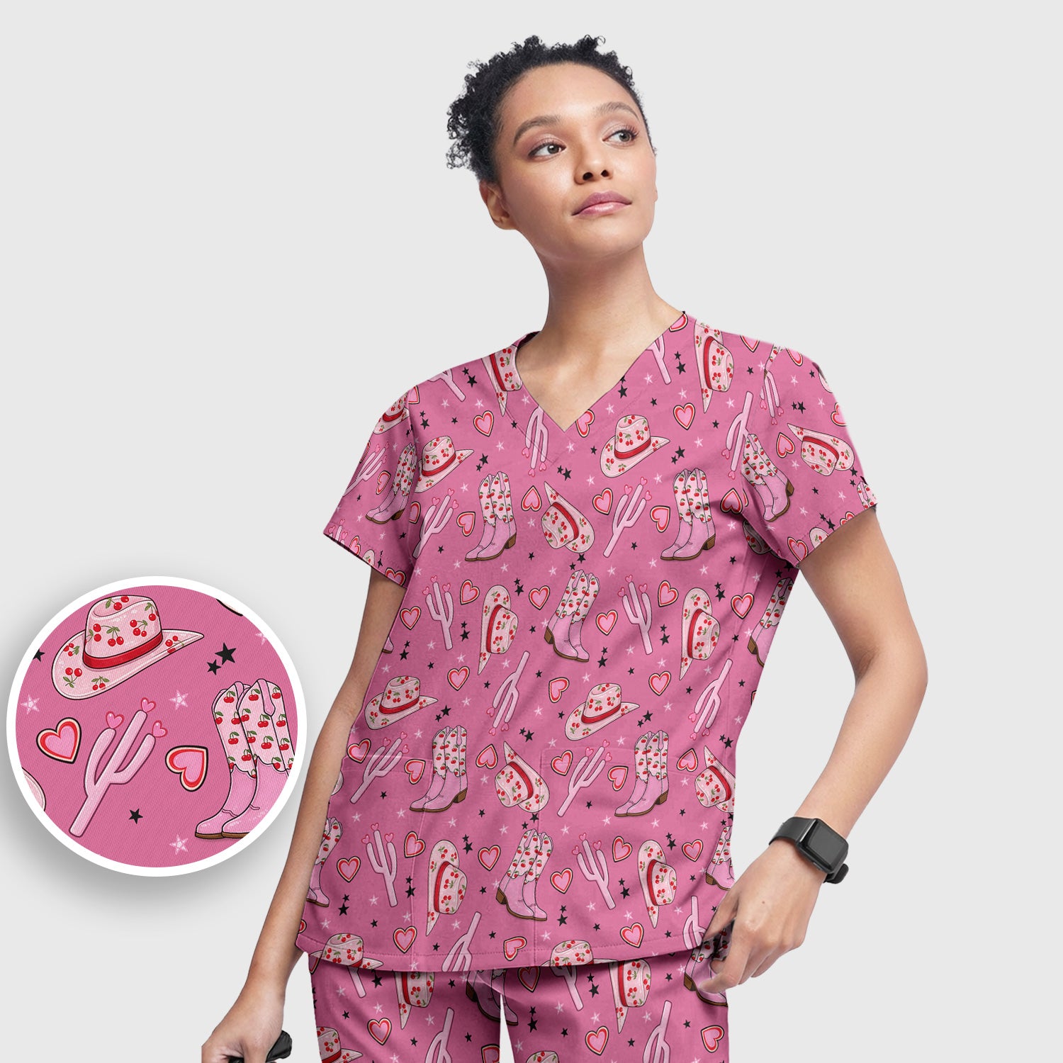 Pink Cowgirl Western Boots Hat Pattern Scrub Set, Scrub Pants and V Neck Top