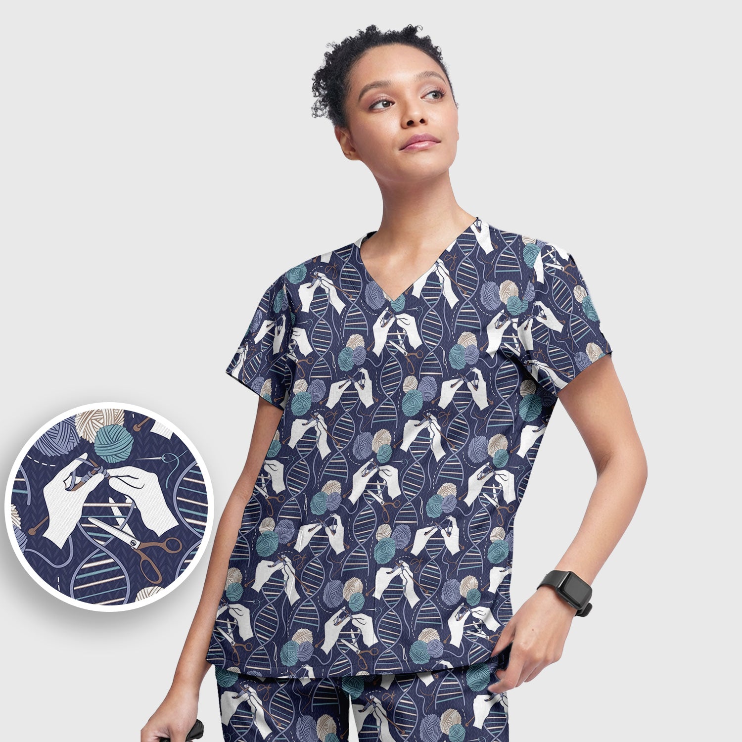 DNA Helix Yarn Pattern Scrub Set, Scrub Pants and V Neck Top