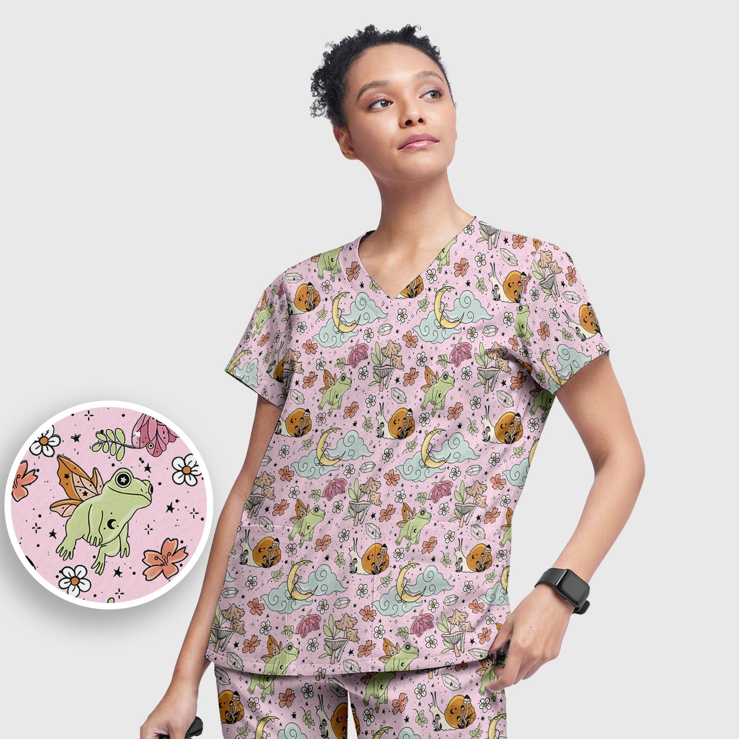 Whimsical Frog Moon Mushroom Pattern Scrub Set, Fantasy Nature Print, Breathable Med Uniform