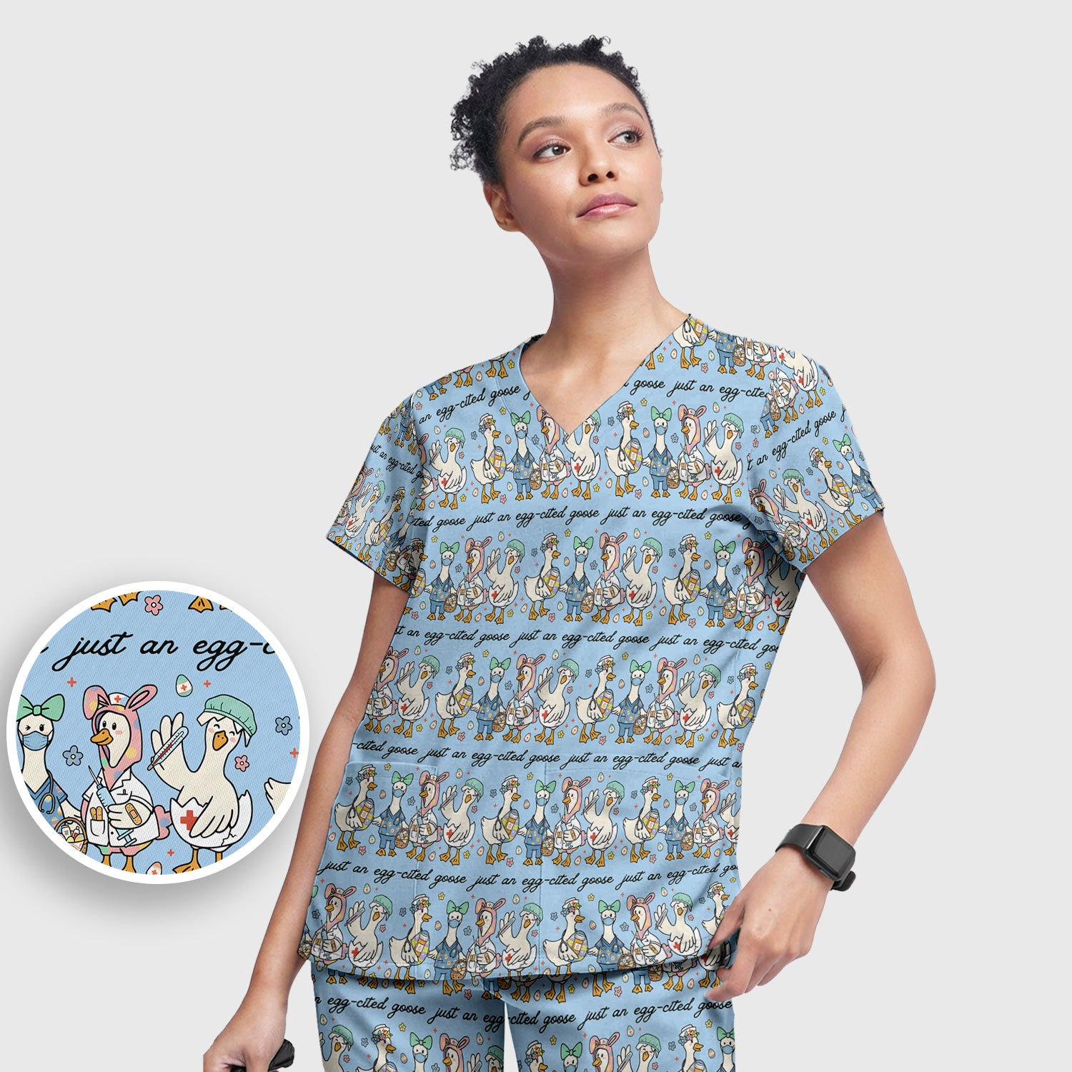 Funny Easter Nurse Goose Pattern Scrub Set, Scrub Pants and V Neck Top