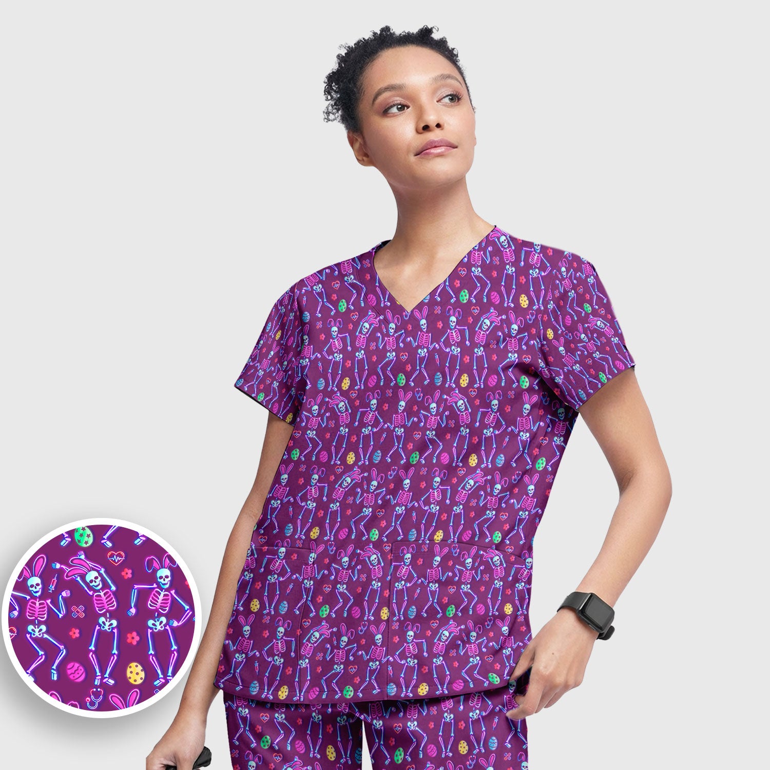 Neon Easter Skeleton Print Scrub Set, Scrub Pants and V Neck Top