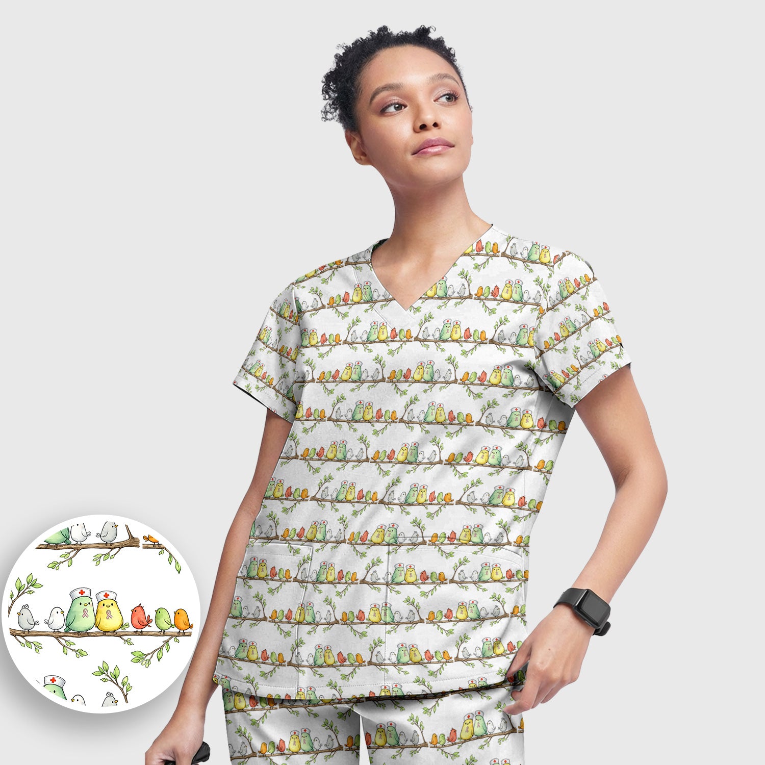 Cute Pink Ribbon Birds Scrub Set, Scrub Pants and V Neck Top