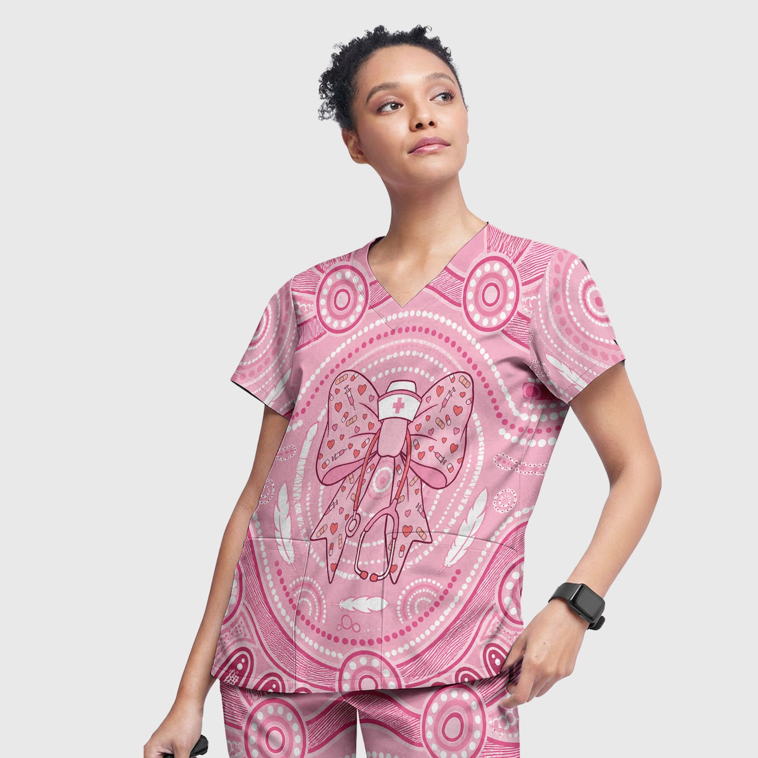 Pink Nurse Bow Stethoscope Pattern Scrub Set, Scrub Pants and V Neck Top