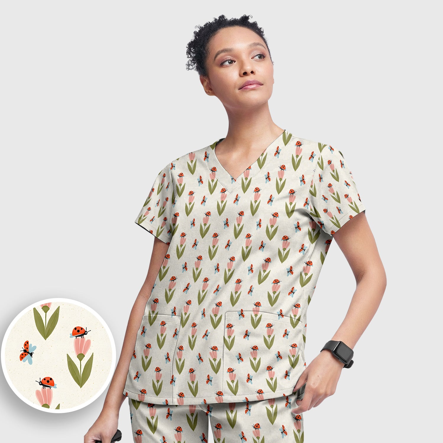 Cute Ladybug Tulip Floral Pattern Scrub Set, Scrub Pants and V Neck Top