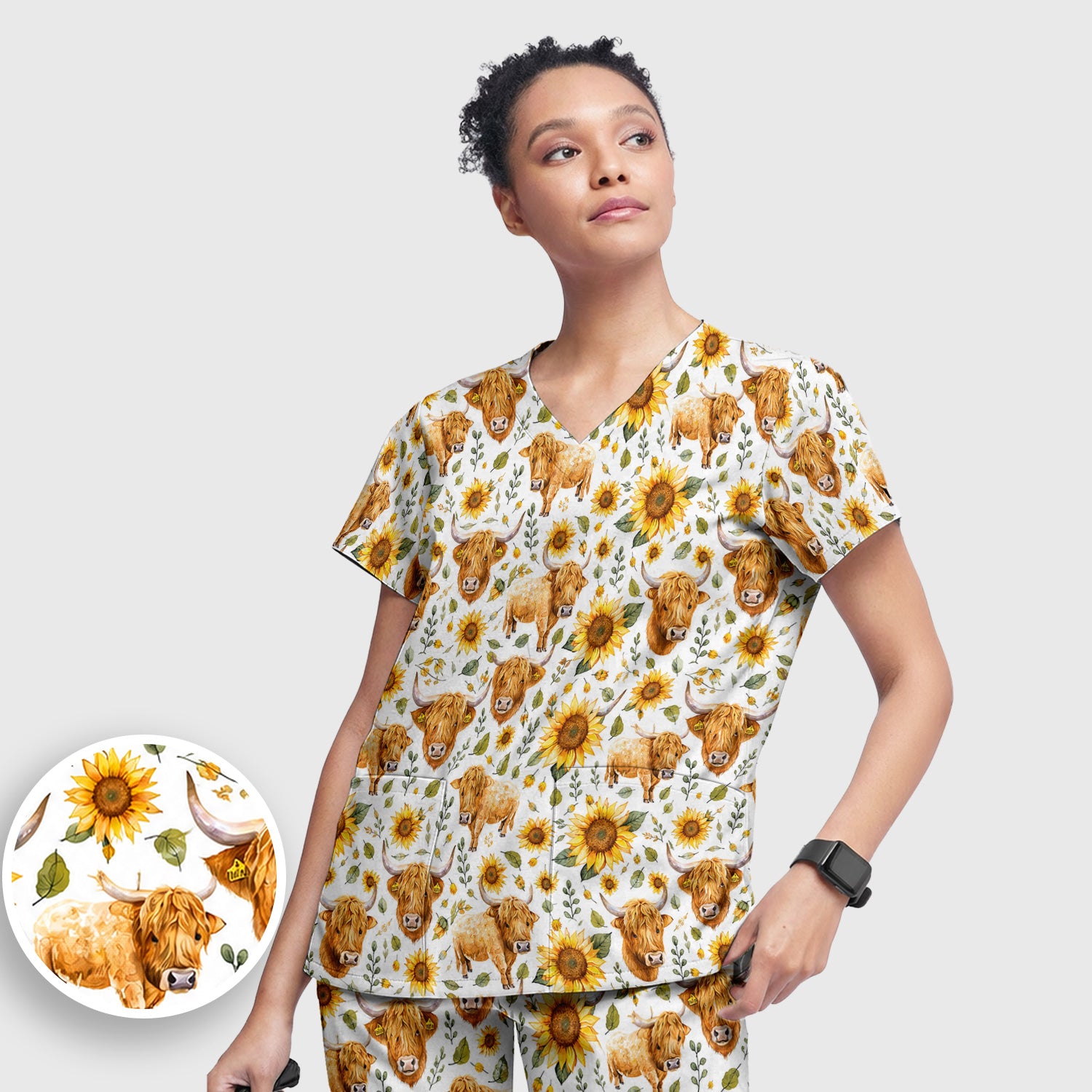Highland Cow Sunflower Pattern Scrub Set, Scrub Pants and V Neck Top