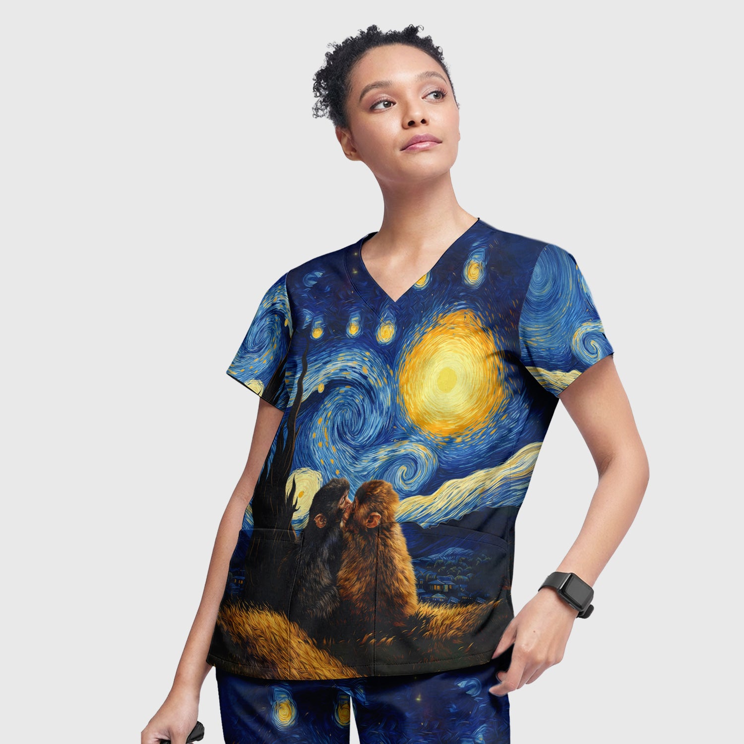 Romantic Monkey Couple Night Sky Pattern Scrub Set, Women's Scrub Sets