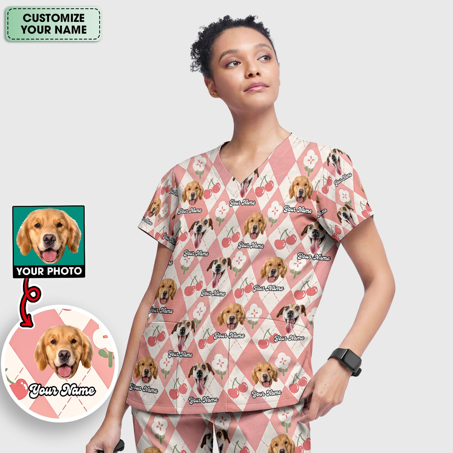 Custom Dog Face Scrub Set, Playful Dog Cherry Argyle Pattern Shirt, Breathable Fabrics Nursing Uniform