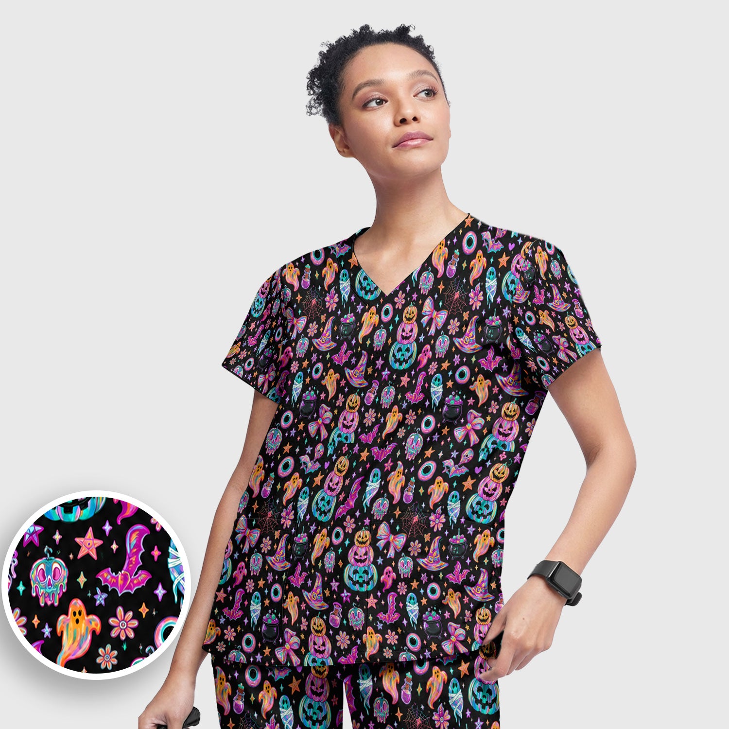 Halloween Ghost with Pumpkin Bat Print Scrub Set, Scrub Pants and V Neck Top