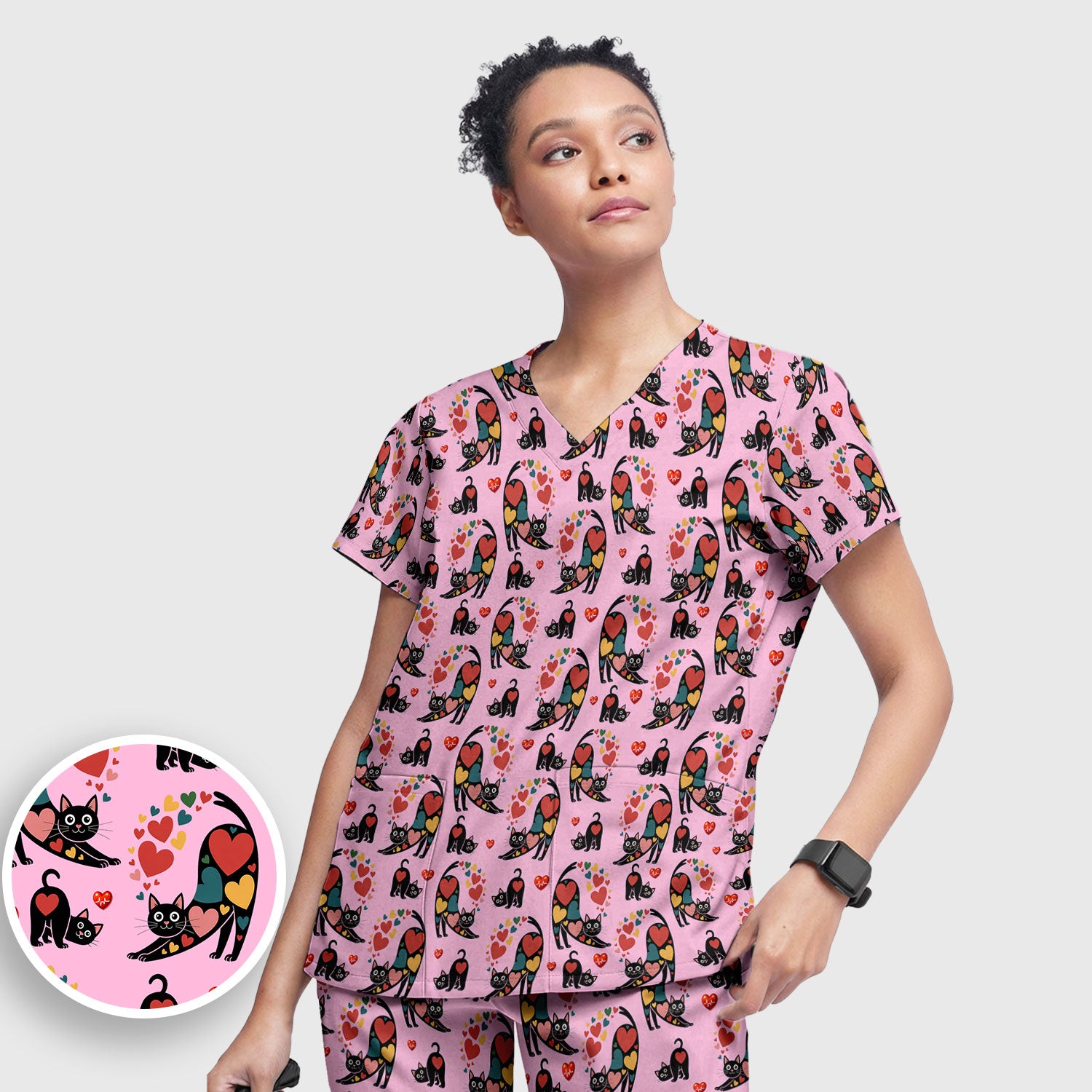 Playful Cat Valentine Heart Print Medical Scrub Set, Breathable Med Uniform