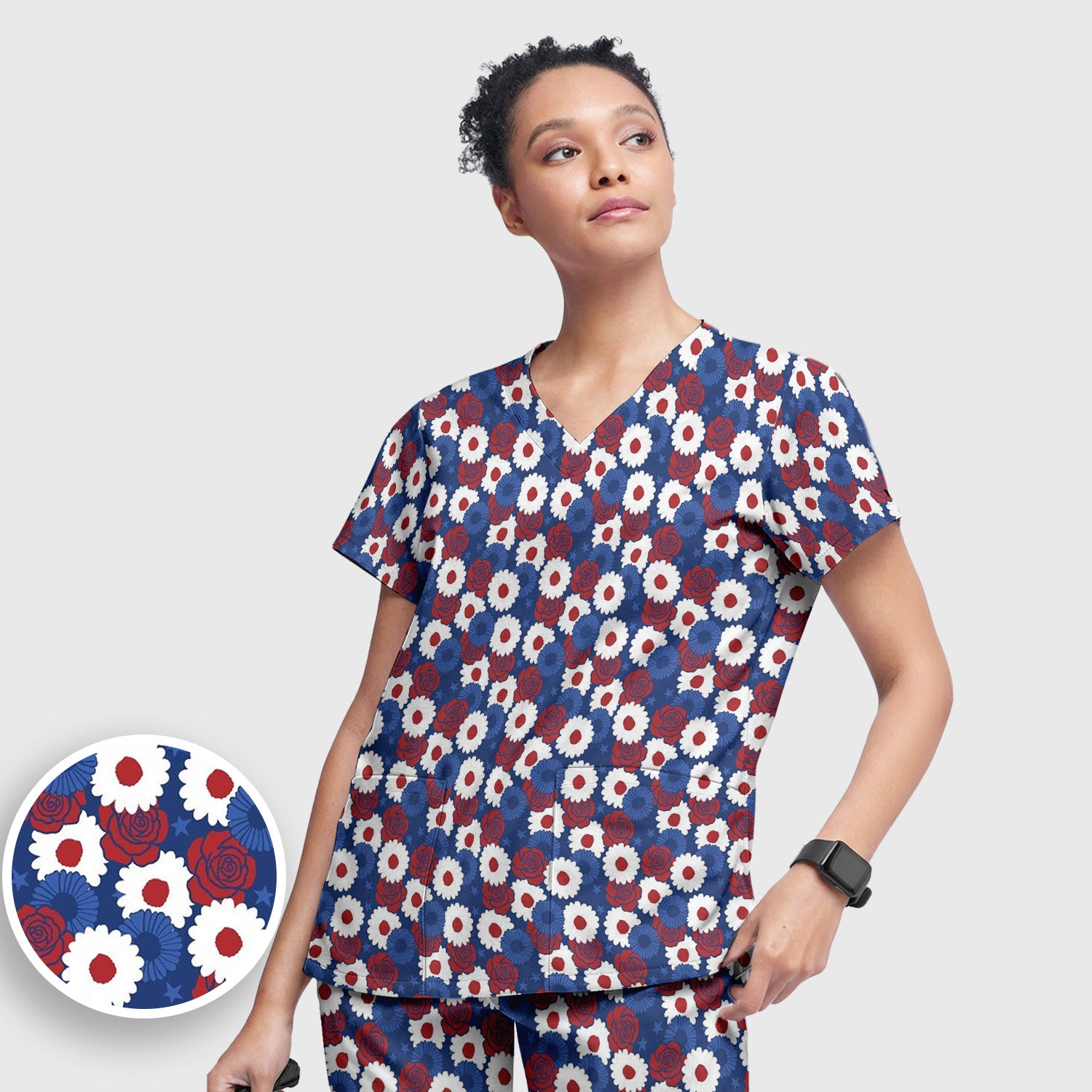 Daisy Rose Floral Pattern Scrub Set, Scrub Pants and V Neck Top