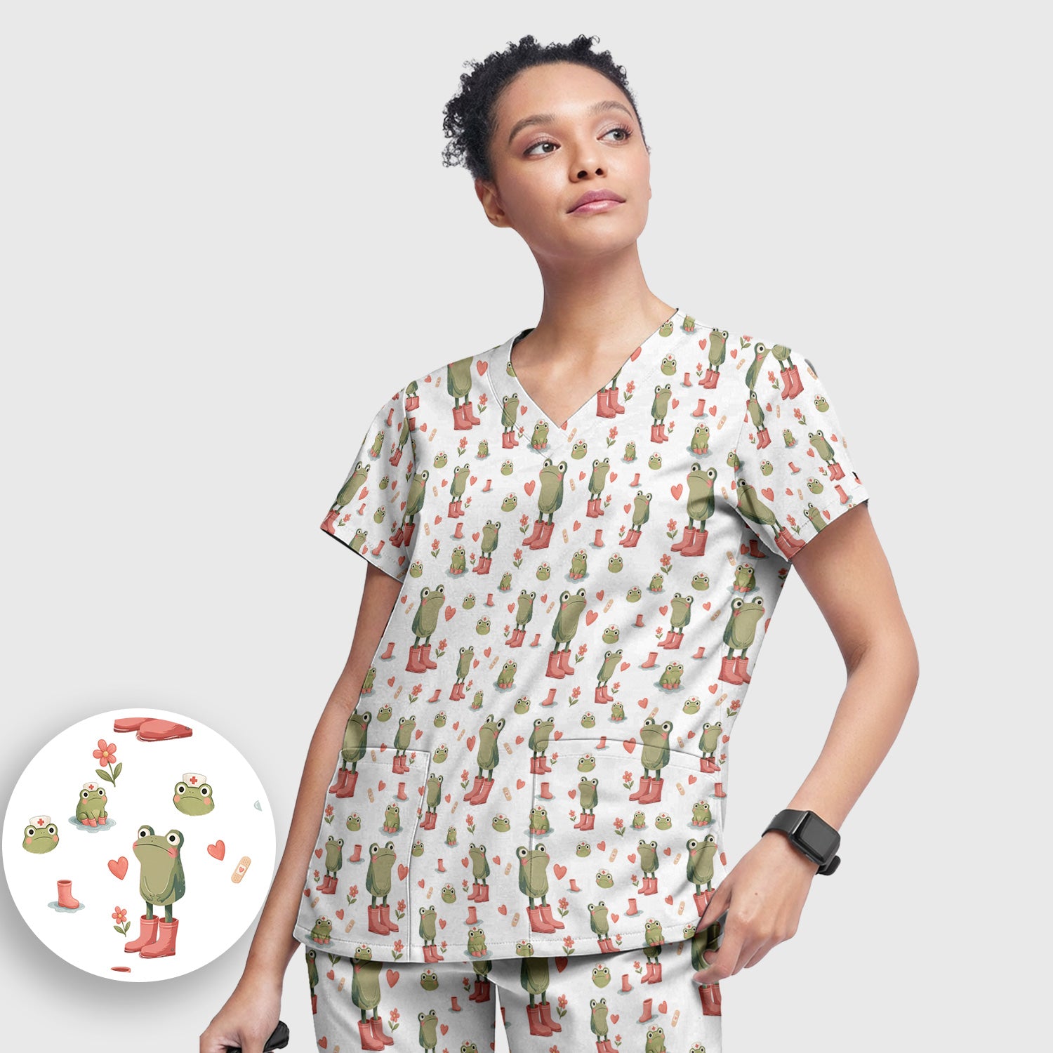 Adorable Frog Boots Heart Pattern Scrub Set, Nurse Uniform Scrubs Set