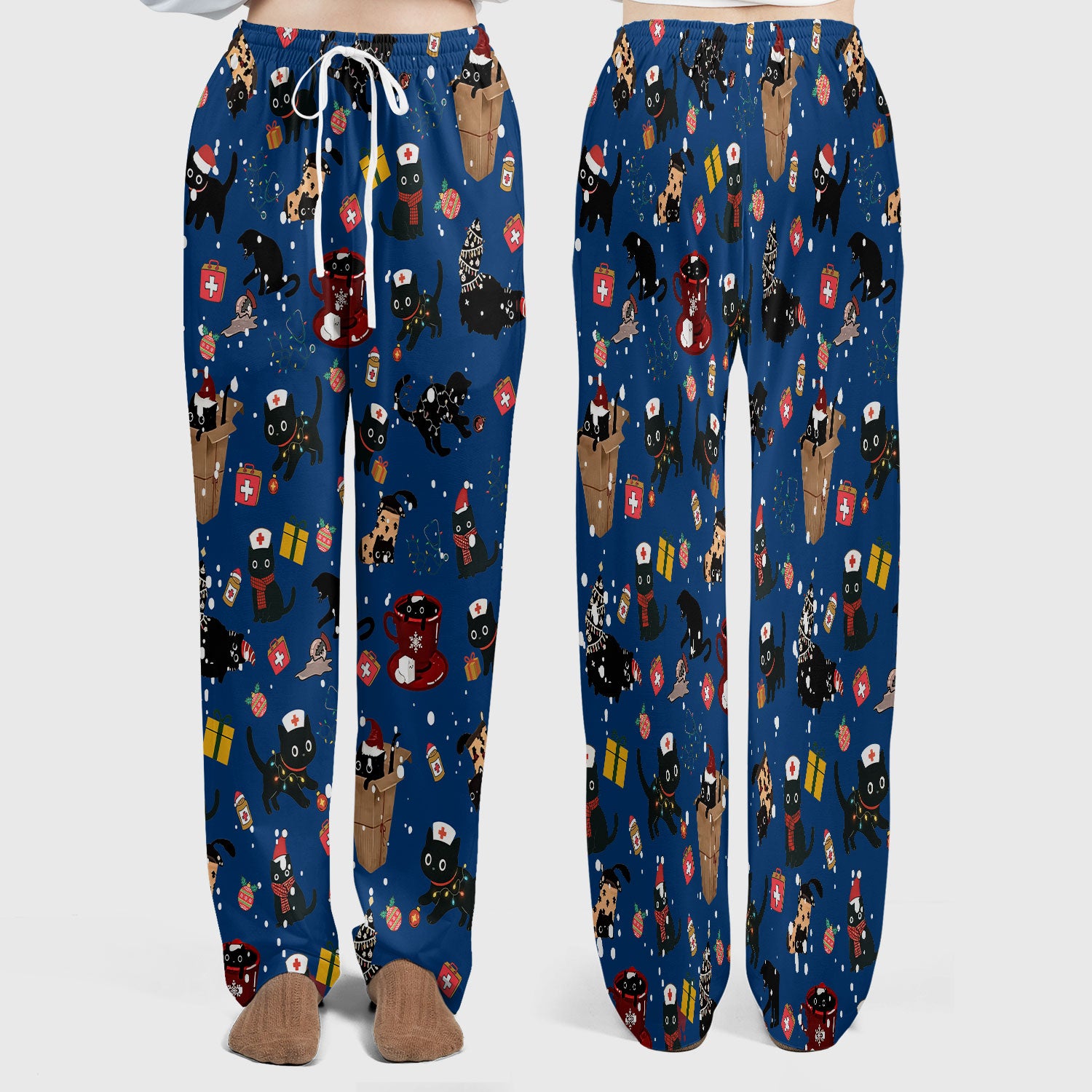 Christmas Cat Scrub Set for Nurse - Funny Black Cats Scrubs Pants and V Neck Top - Cute Holiday Medical Uniform for Women