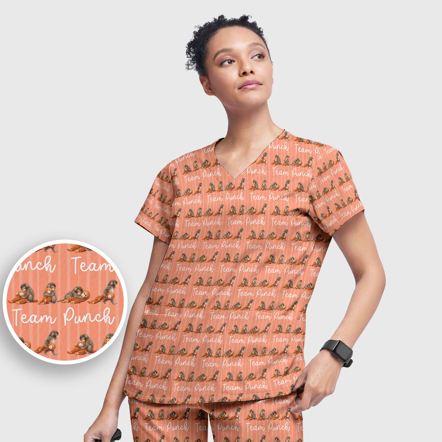 Funny Monkey Team Punch Scrub Set, Scrub Pants and V Neck Top