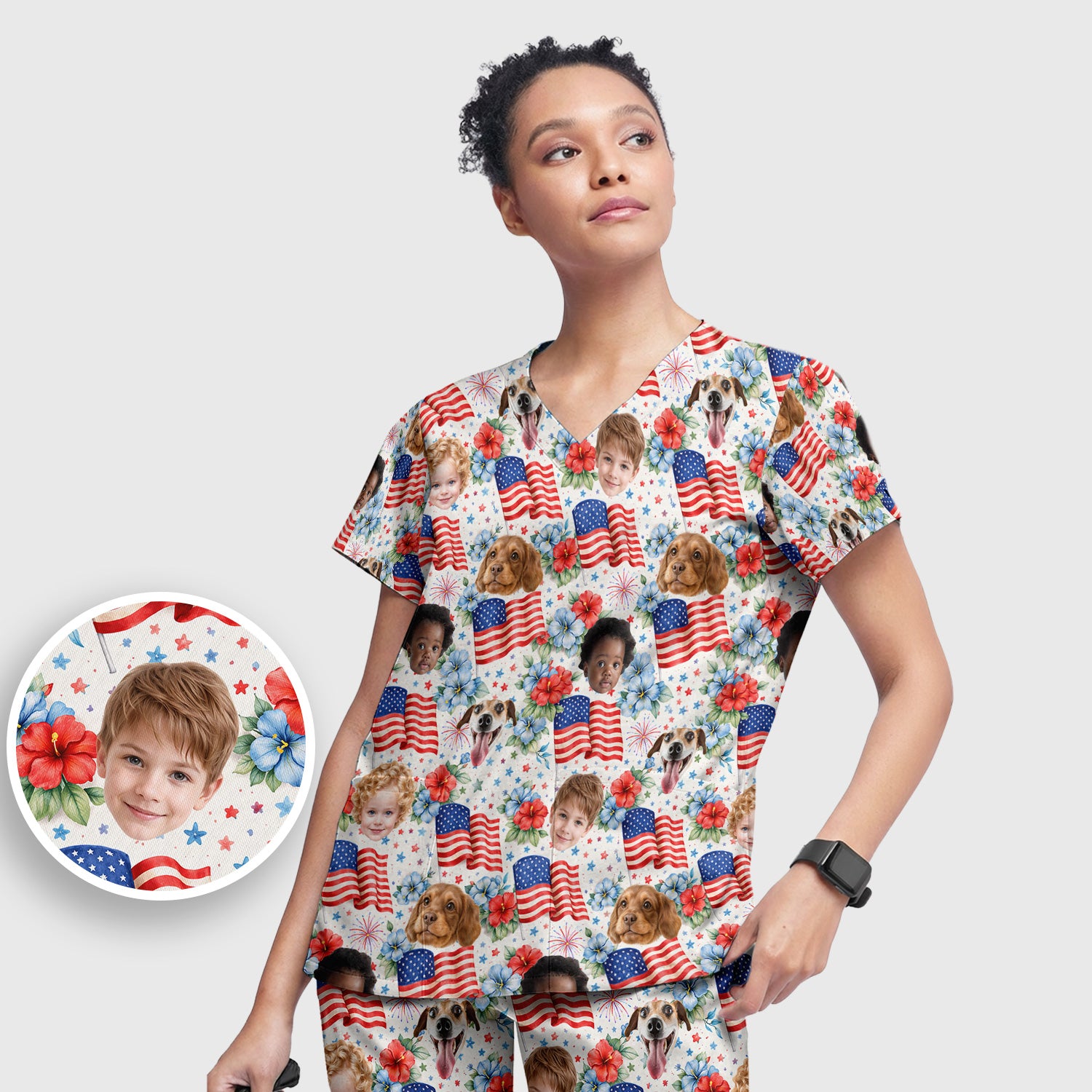 Custom Photo Patriotic Kids & Pet Faces Flag Nurse Scrub Set, Scrub Pants and V Neck Top