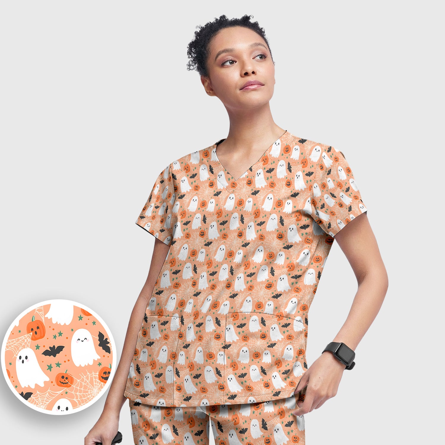Cute Halloween Ghost And Pumpkin Scrub Set, Scrub Pants and V Neck Top