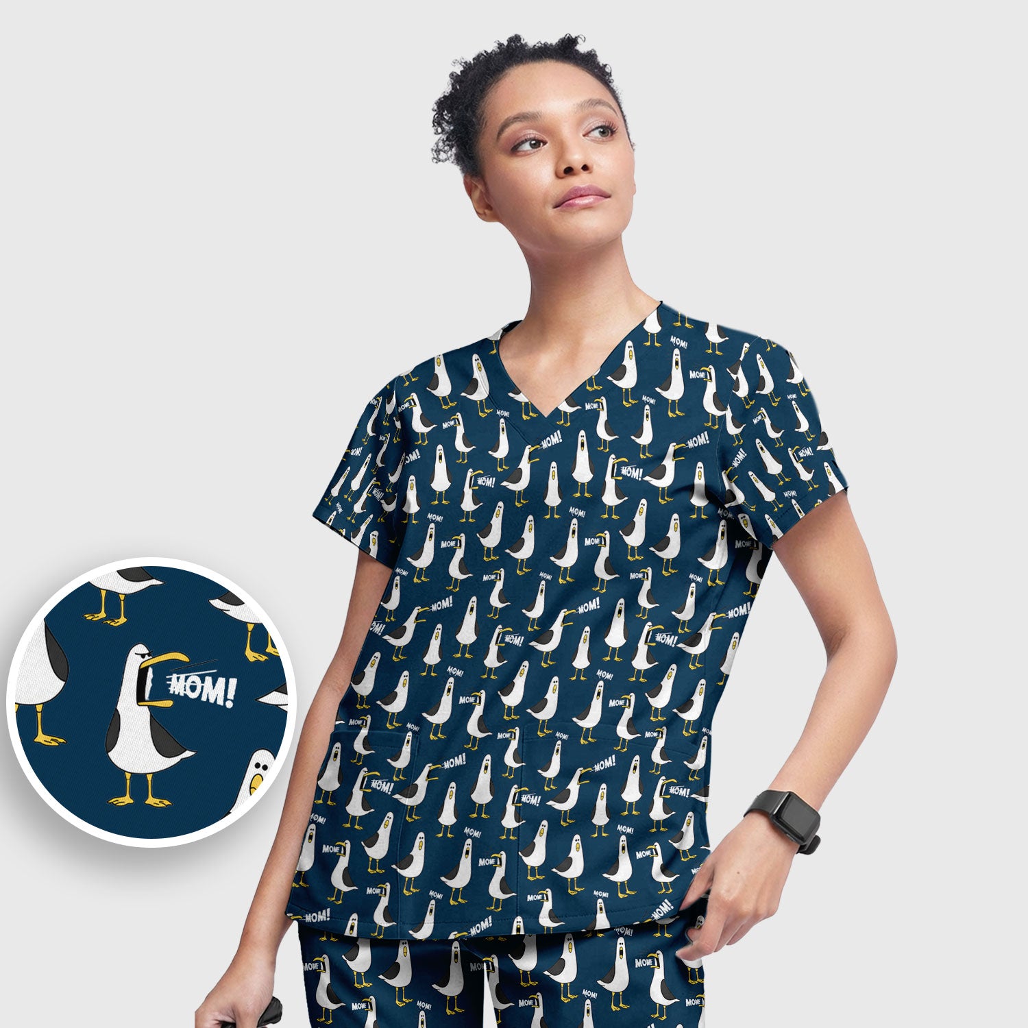 Funny Seagull Mom Seamless Pattern Scrub Set, Scrub Pants and V Neck Top