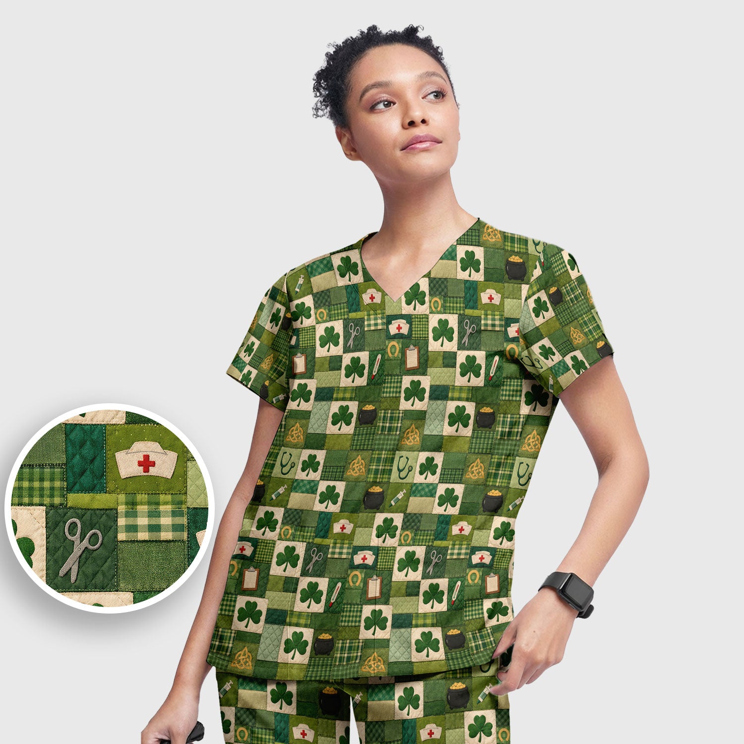St Patrick Medical Patchwork Shamrock Scrub Set, Scrub Pants and V Neck Top