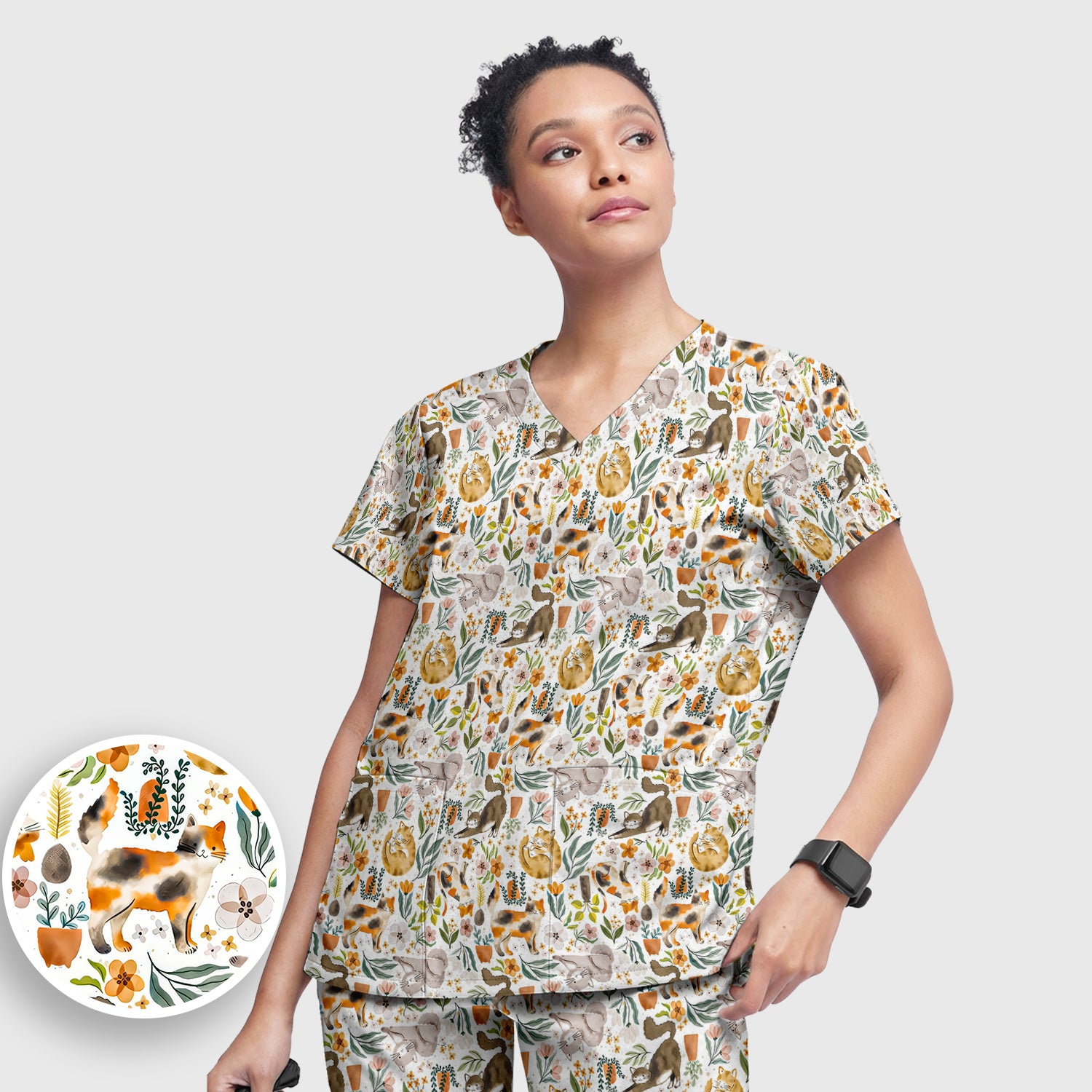 Cat Wildflower Garden Floral Pattern Scrub Set, Scrub Pants and V Neck Top