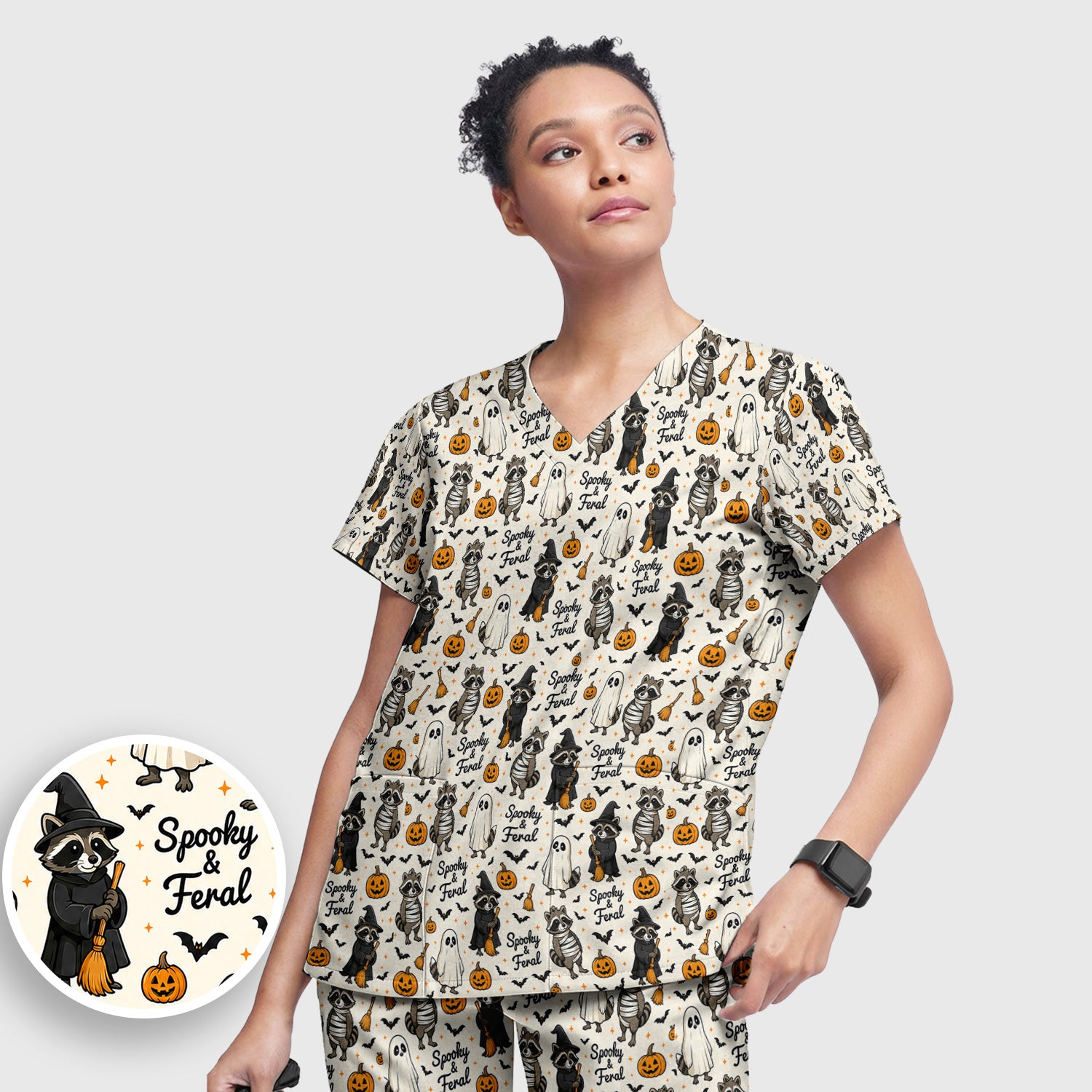Spooky And Feral Halloween Raccoon Scrub Set, Scrub Pants and V Neck Top