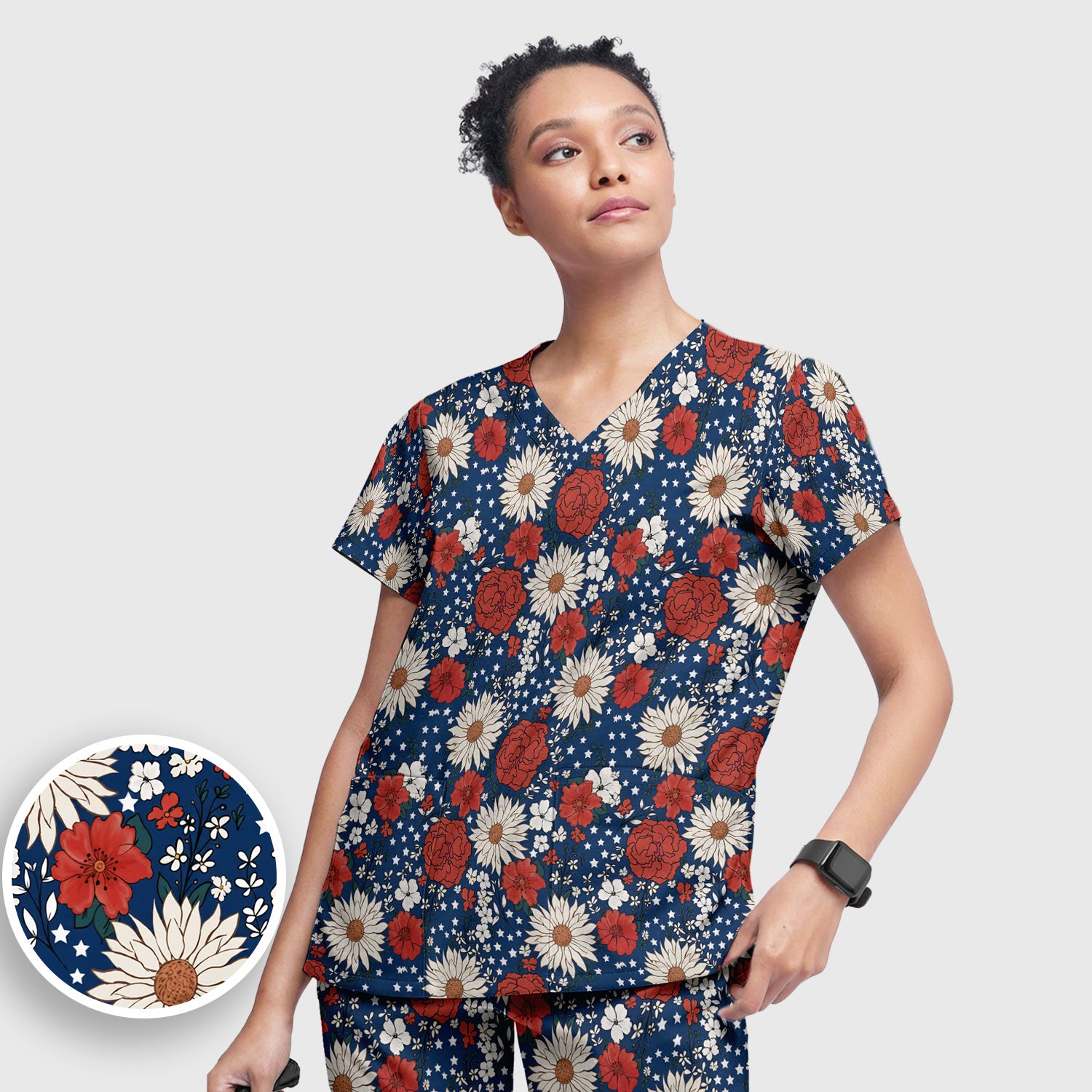 Red White Blue Floral Pattern Scrub Set, Scrub Pants and V Neck Top