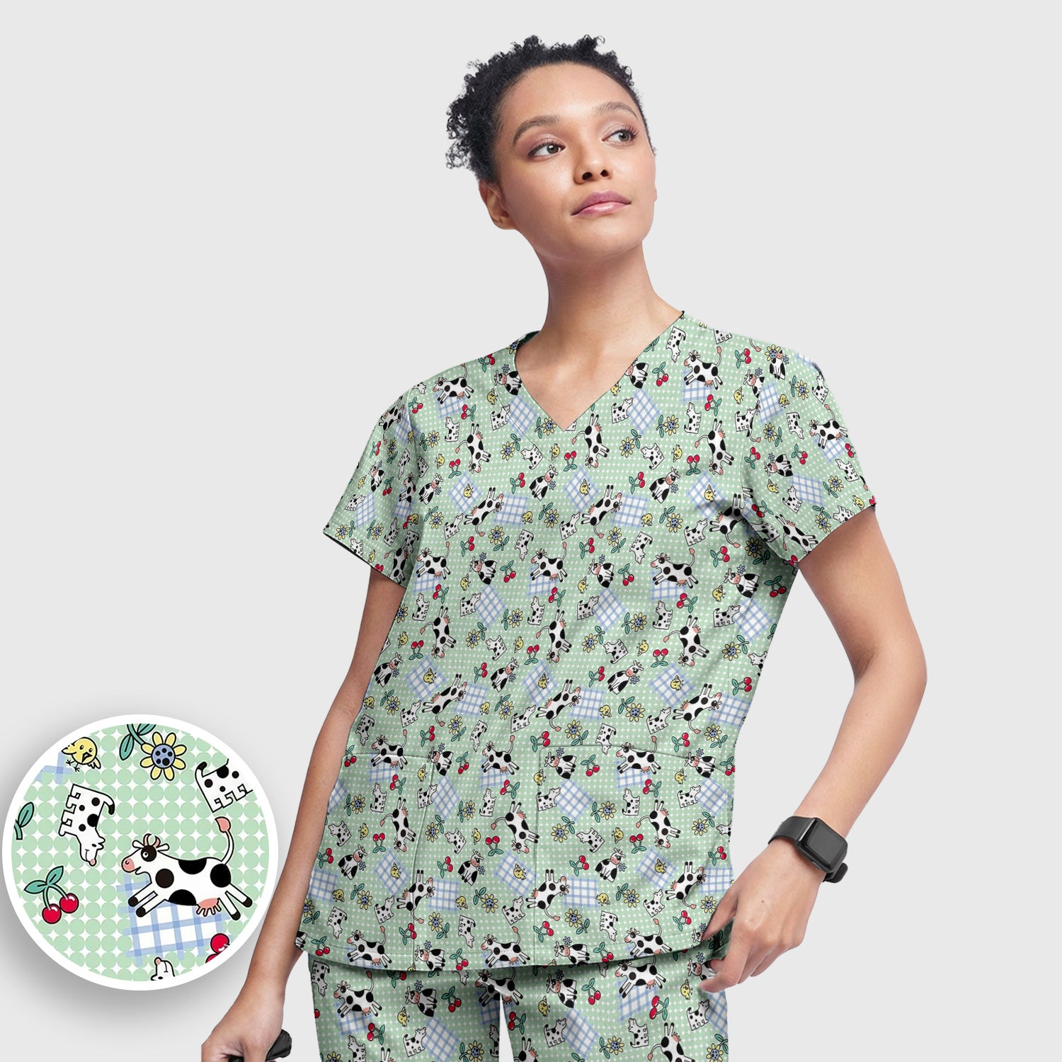 Cute Cow Cherry Farm Garden Pattern Nurse Scrub Set, Scrub Pants and V Neck Top
