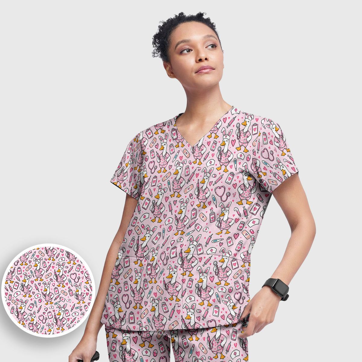 Cute Easter Goose With Bunny Ears Scrub Set, Scrub Pants and V Neck Top