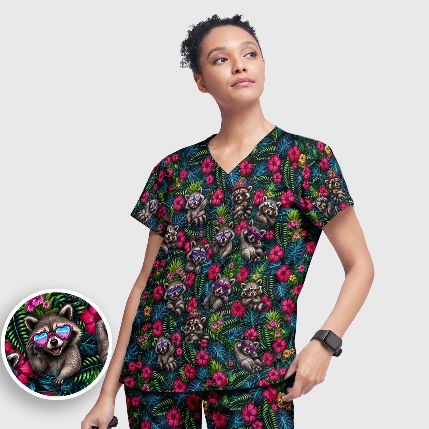 Tropical Raccoon Nurse Floral Pattern Scrub Set, Scrub Pants and V Neck Top