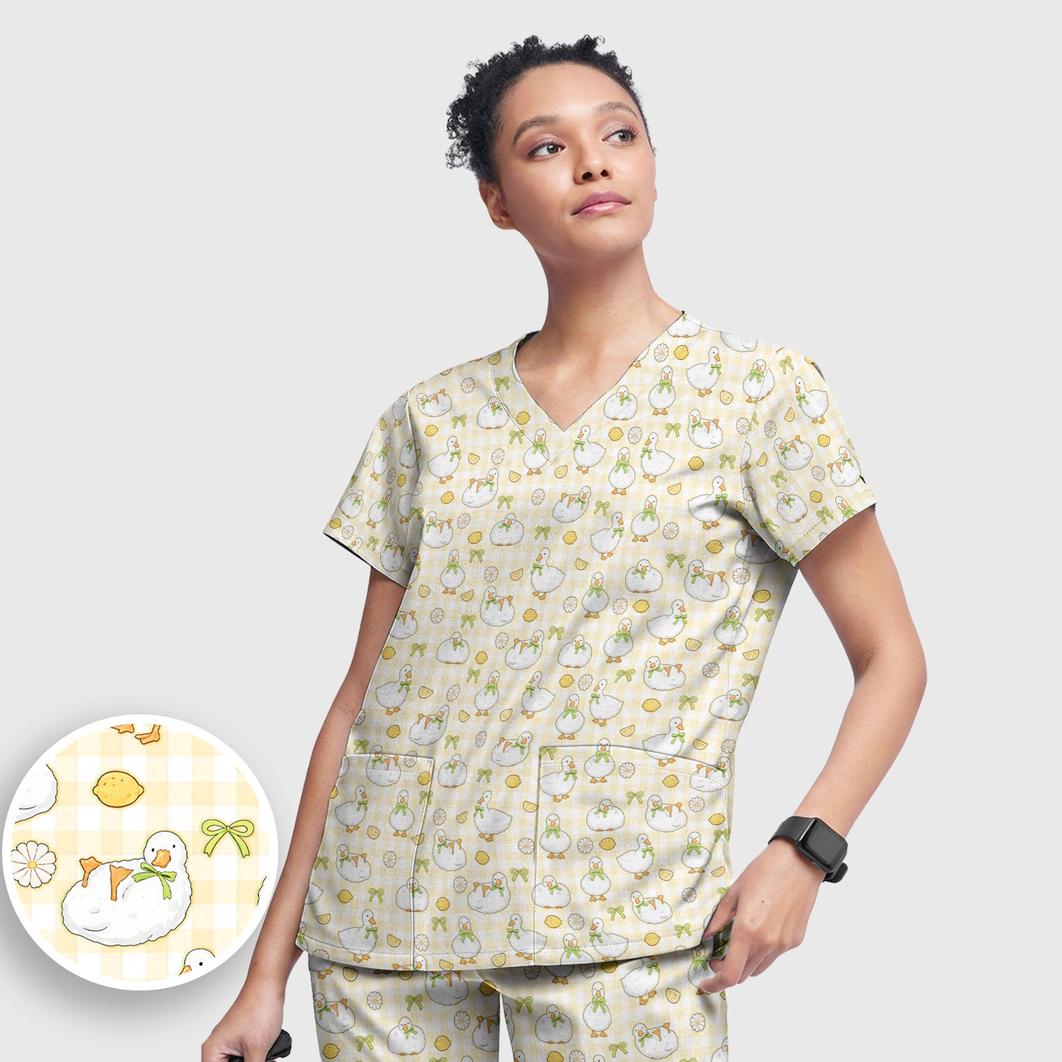 Adorable Ducks Lemon Daisy Pattern Scrubs Sets, Scrub Pants and V Neck Top