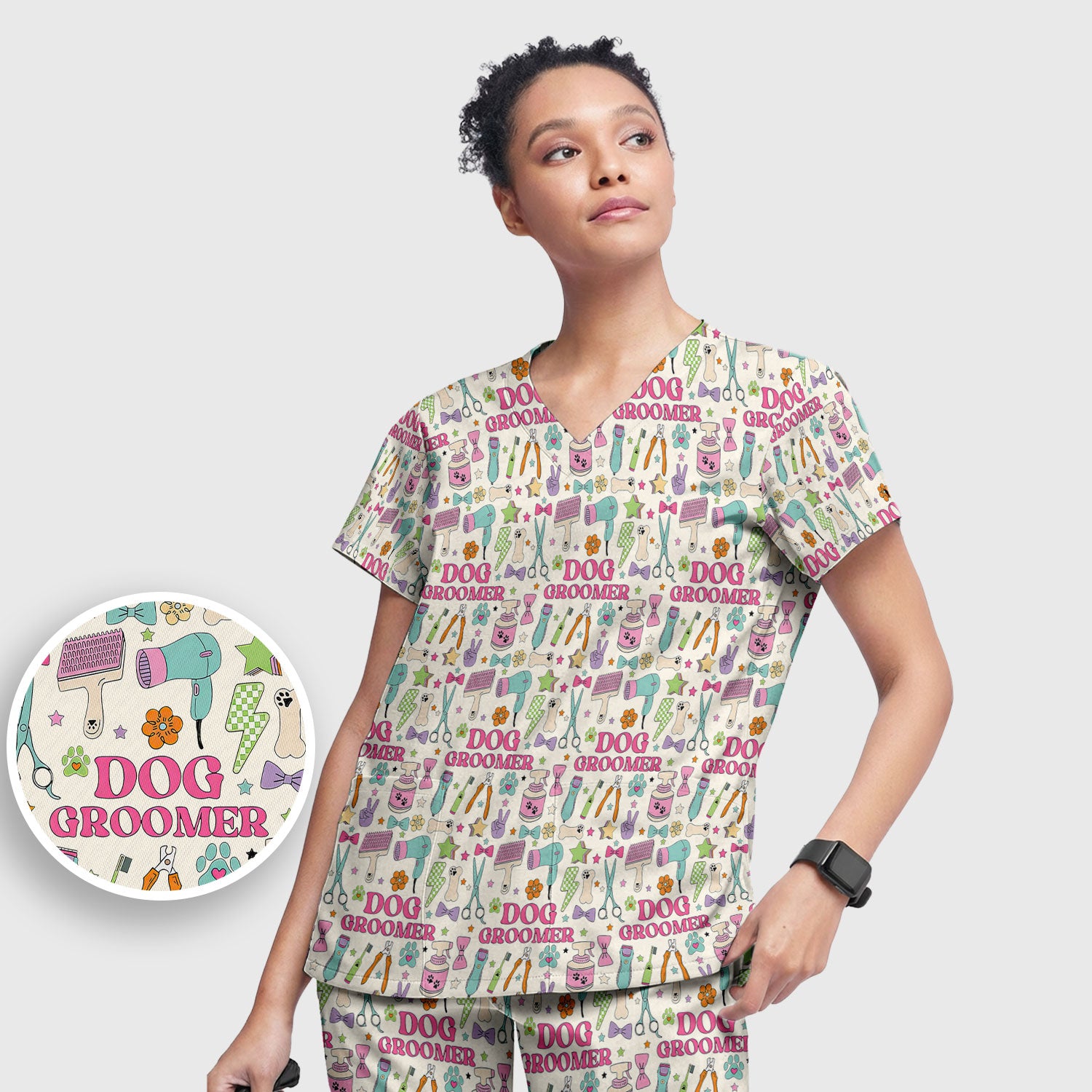 Dog Groomer Tools Pattern Women's Scrub Set, Scrub Pants and V Neck Top