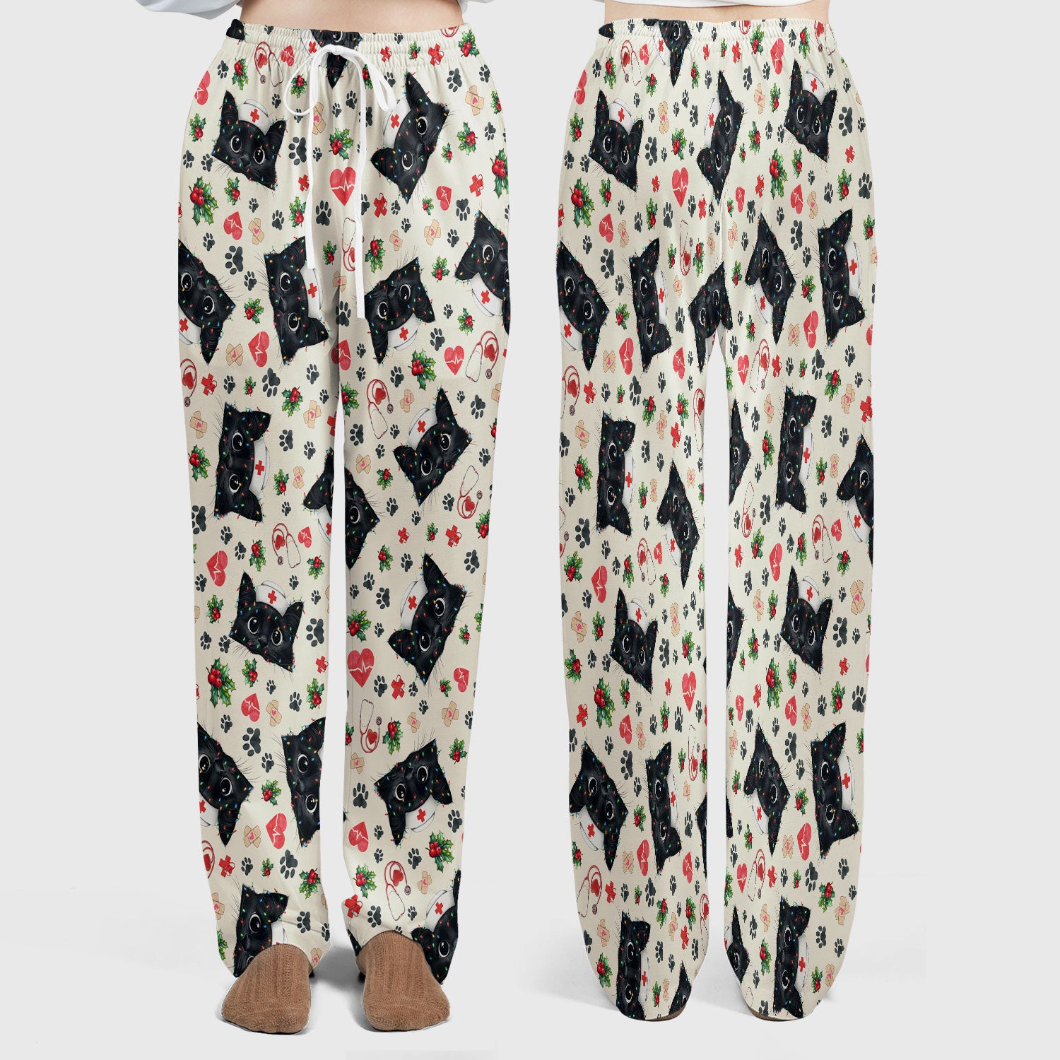 Funny Cats Scrub Set for Nurses - Black Kittens Christmas Scrubs Pants and V Neck Top - Jolly Medical Uniform Gift for RN CNA LPN