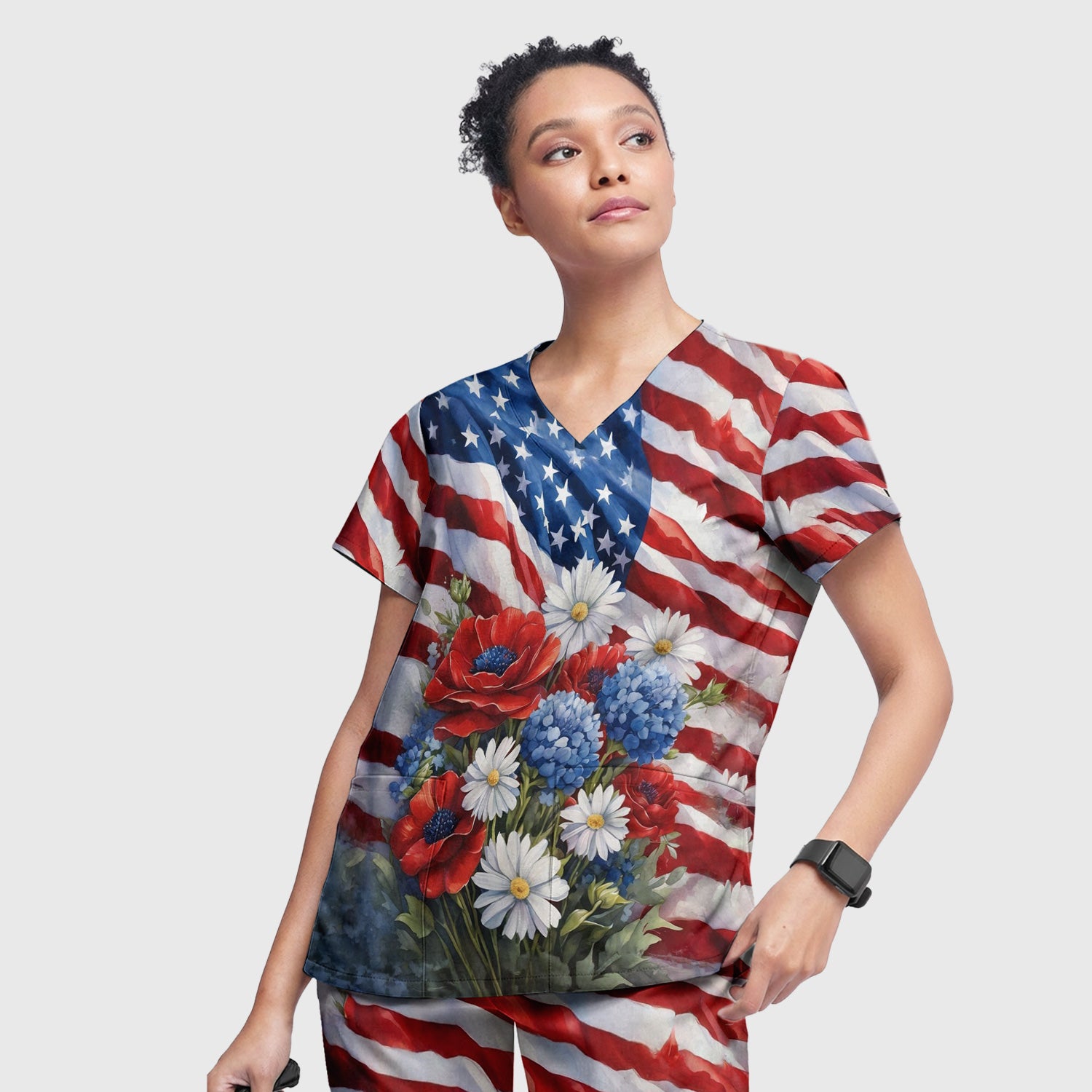 Festive US Flag Floral Bouquet Pattern Scrub Set, Scrub Pants and V Neck Top
