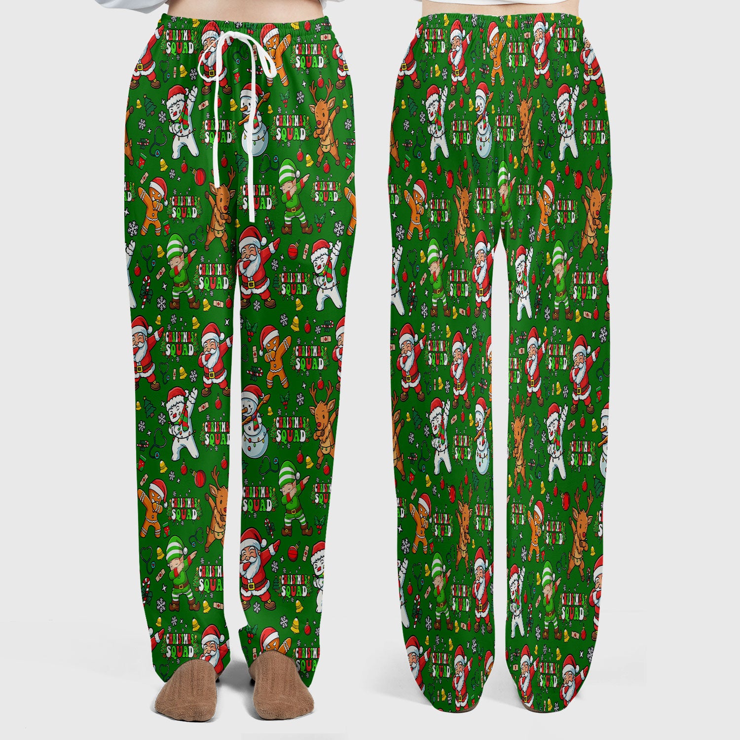 Christmas Squad Scrub Set - Dancing Santa, Reindeer & Elf Pants and V Neck Top - Funny Holiday Gift for Nurses, Doctors & Vet Techs