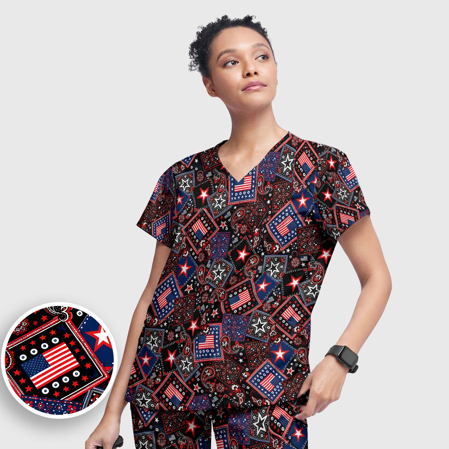 Patriotic Bandana With USA Flag Pattern Scrub Set, Scrub Pants and V Neck Top