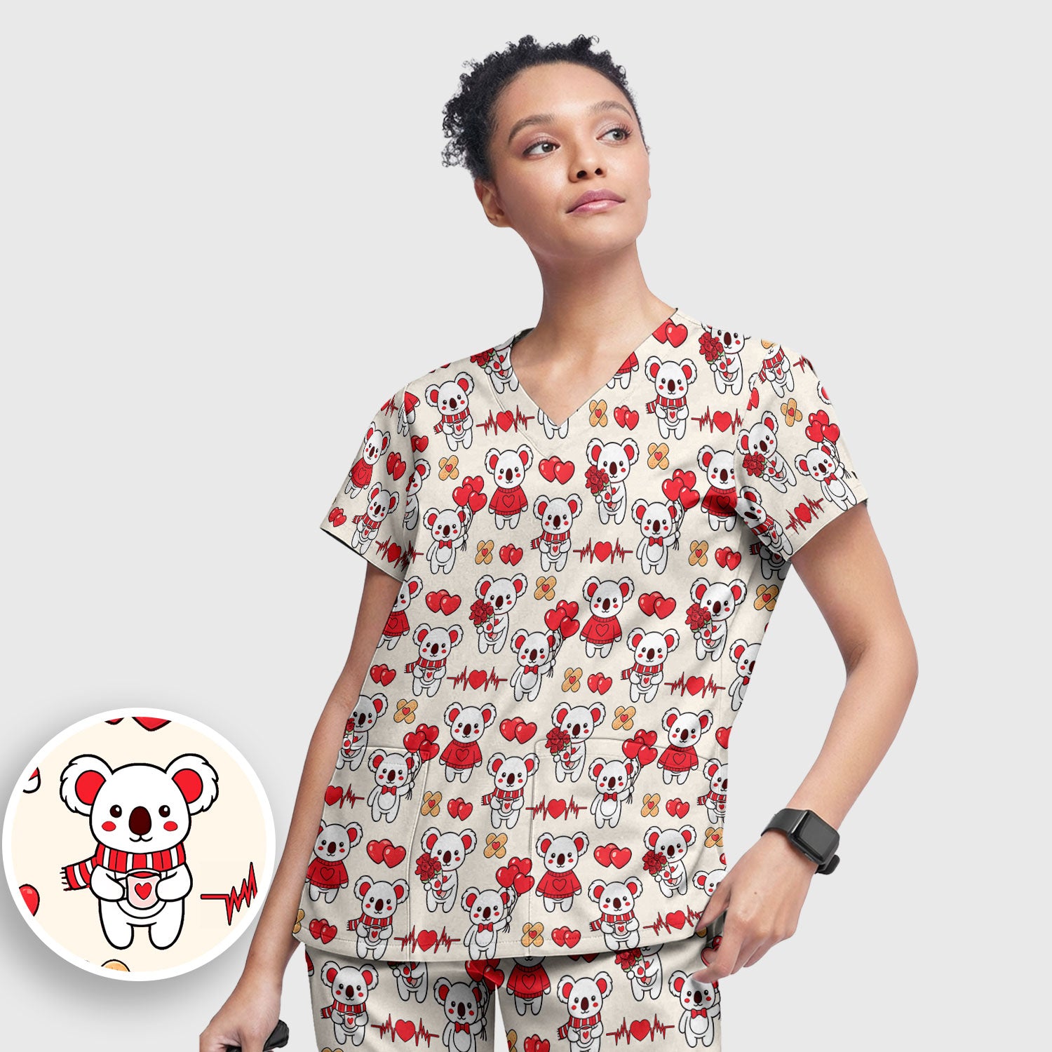 Sweet Koala Valentine Medical Design Scrub Set, Breathable Med Uniform