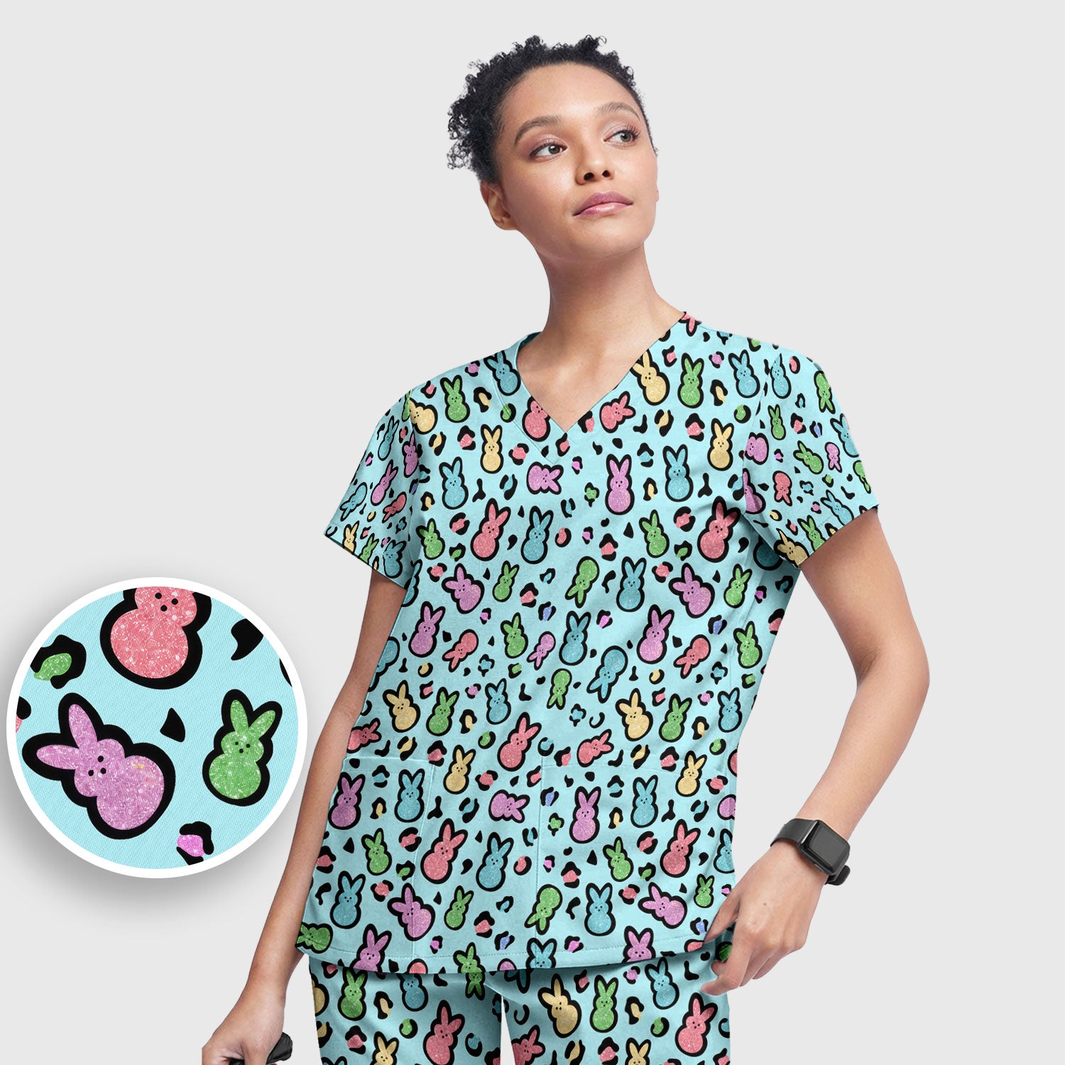 Cute Easter Bunny Pastel Pattern Scrub Set, Scrub Pants and V Neck Top