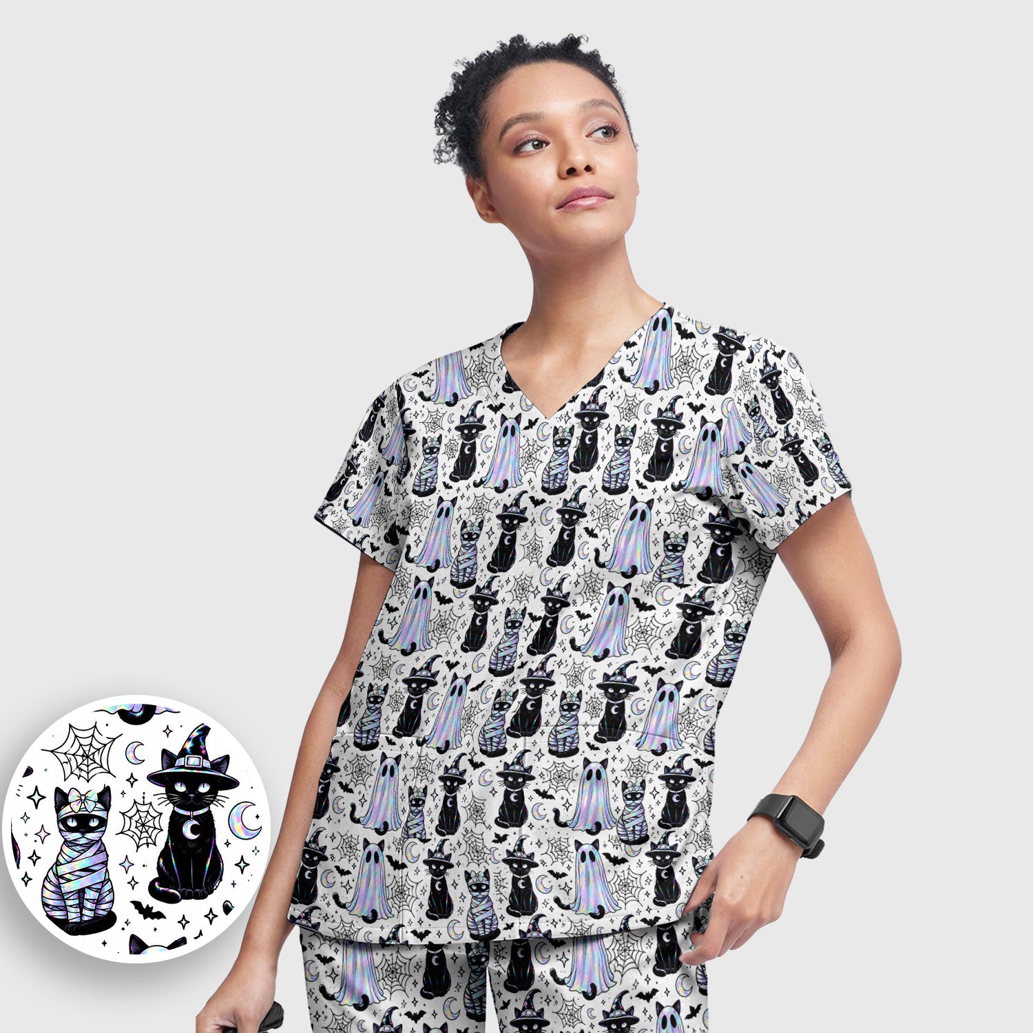 Ghost Witch Cat Pattern Scrub Set, Scrub Pants and V Neck Top