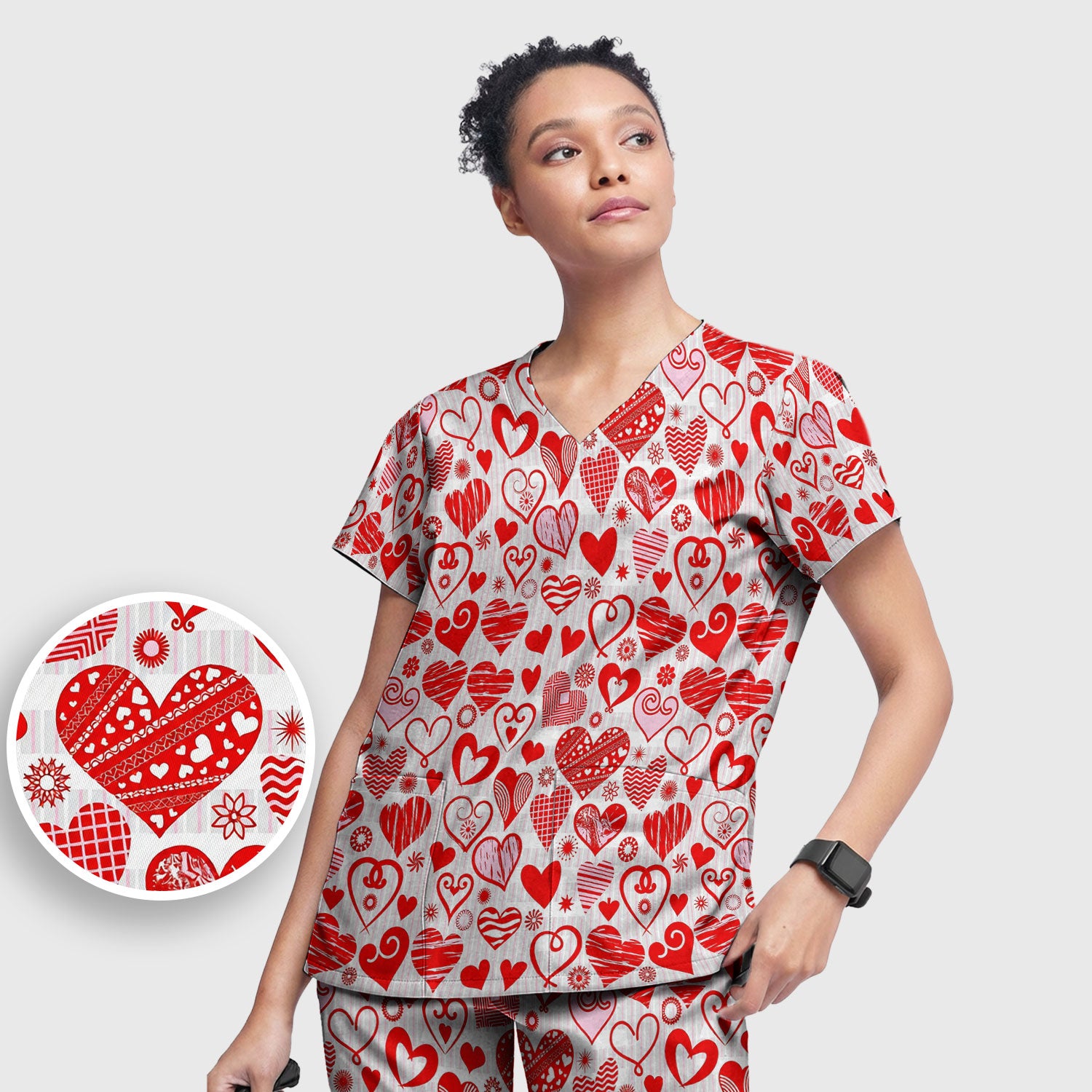 Hearts Scrub Set For Nursing, Valentine Heart Pattern Nurse Shirt, Comfortable Scrubs For Nurses